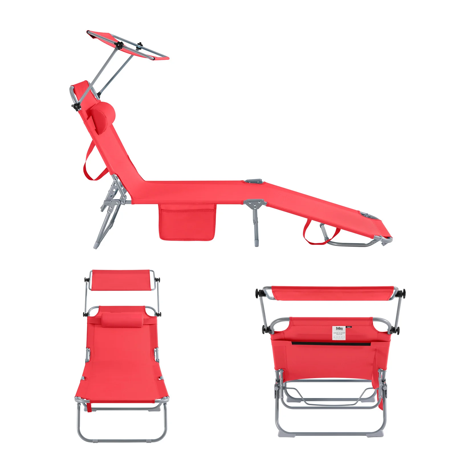 SoBuy Set van 2 Opvouwbare Ligstoelen, Verstelbare Lounge Stoelen met Luifel & 4 Standen - UV-Beschermende Zonnekap, Voor Zwembad, Camping en Buitenleven,Rood, OGS48-Rx2 - Image 11