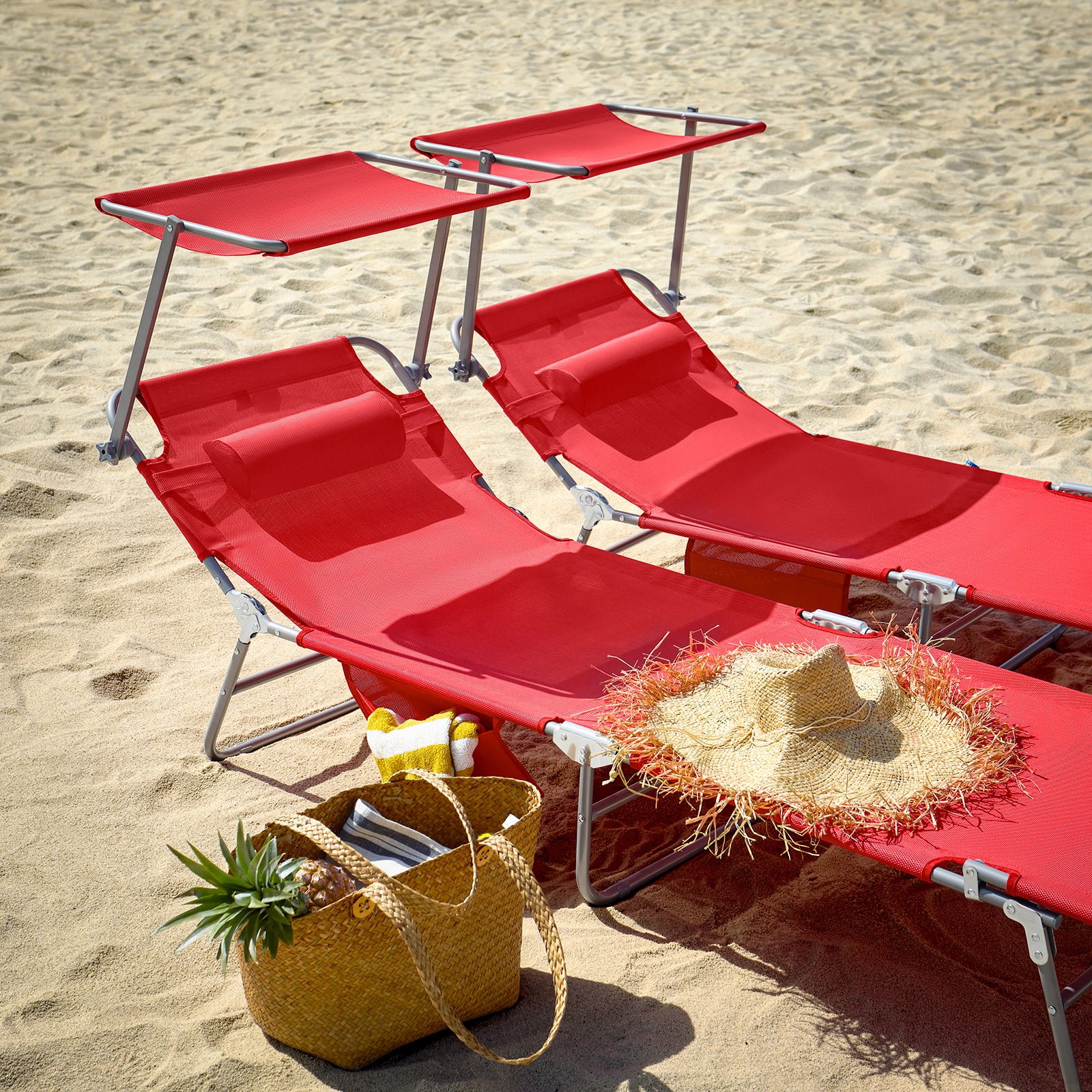 SoBuy Set van 2 Opvouwbare Ligstoelen, Verstelbare Lounge Stoelen met Luifel & 4 Standen - UV-Beschermende Zonnekap, Voor Zwembad, Camping en Buitenleven,Rood, OGS48-Rx2 - Image 3