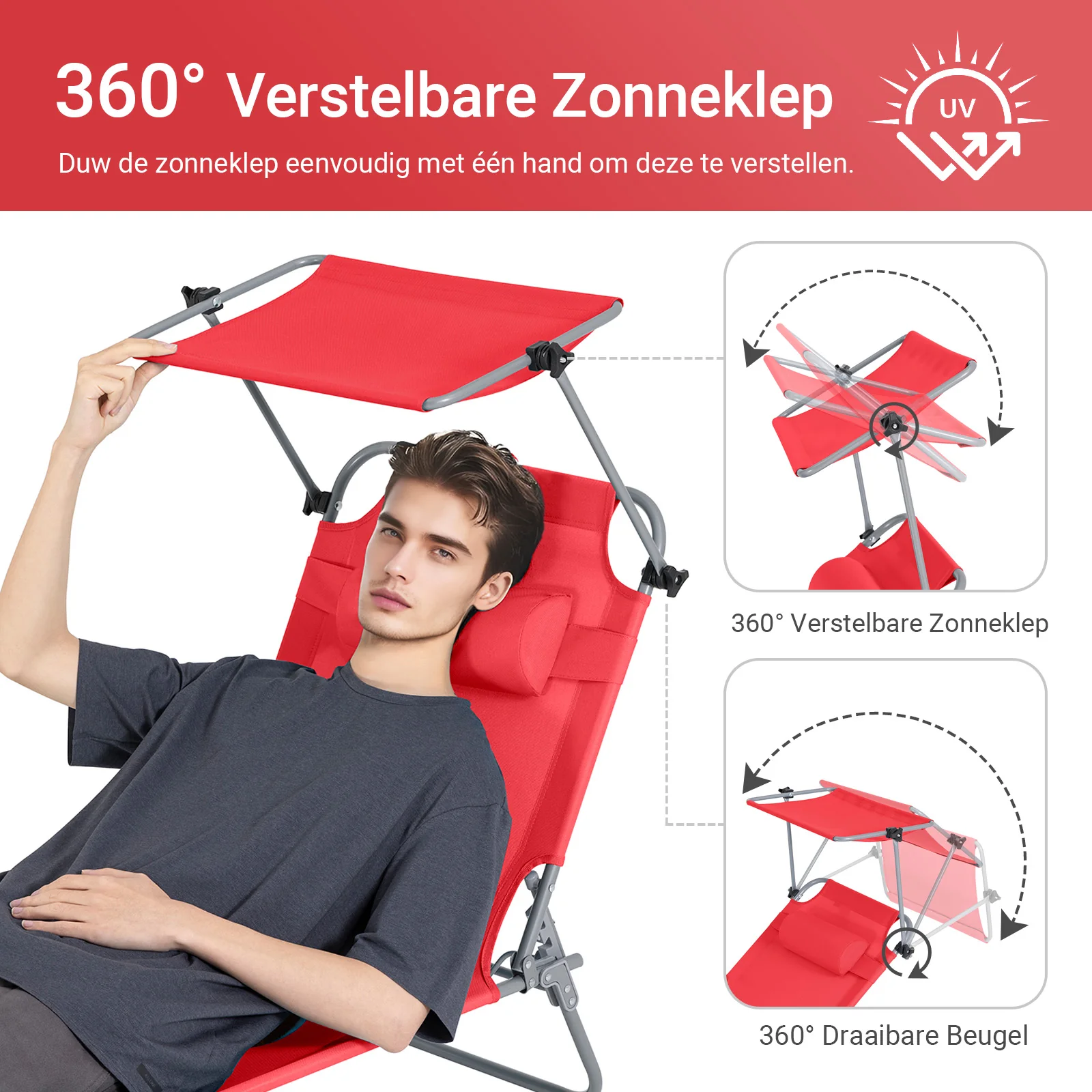 SoBuy Set van 2 Opvouwbare Ligstoelen, Verstelbare Lounge Stoelen met Luifel & 4 Standen - UV-Beschermende Zonnekap, Voor Zwembad, Camping en Buitenleven,Rood, OGS48-Rx2 - Image 5