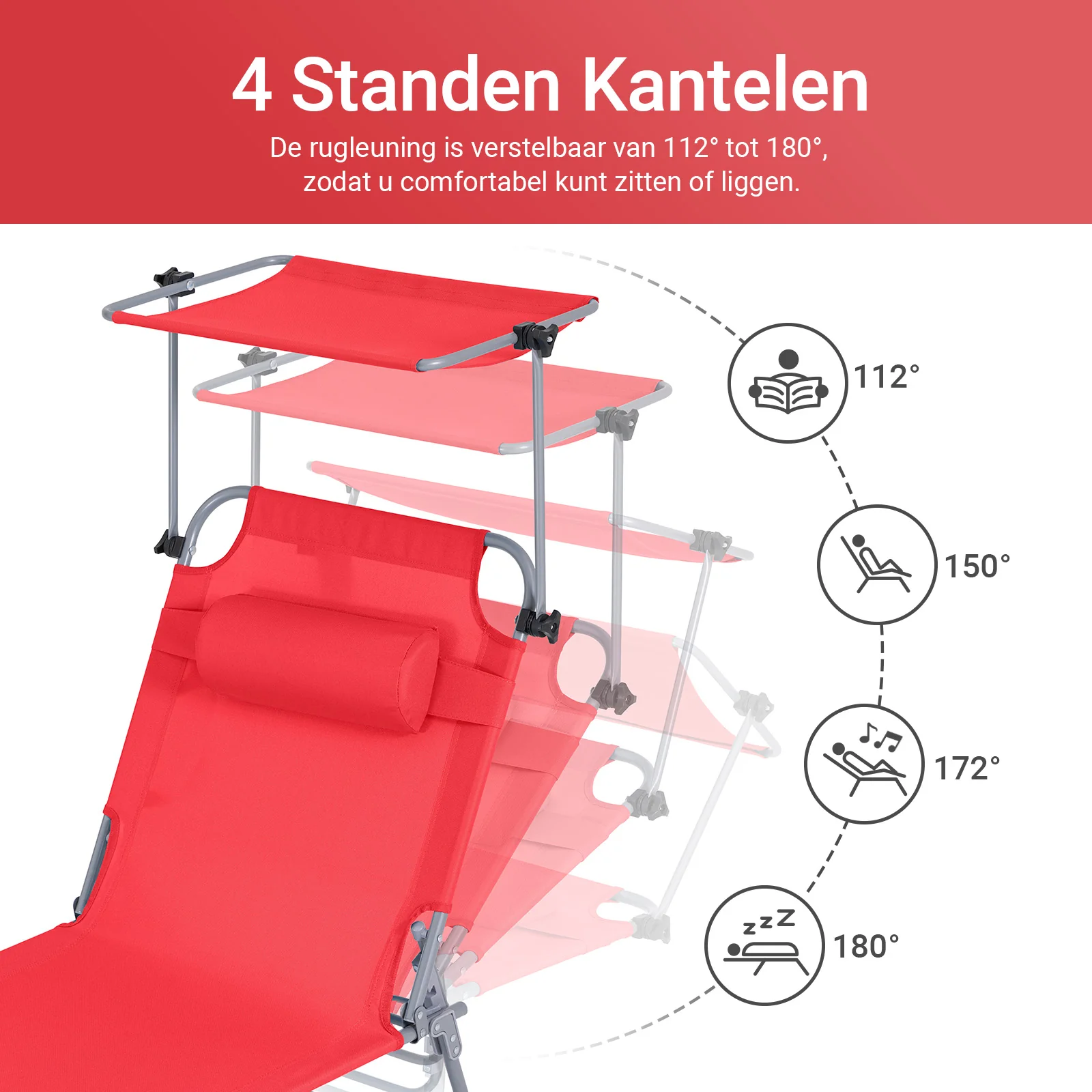 SoBuy Set van 2 Opvouwbare Ligstoelen, Verstelbare Lounge Stoelen met Luifel & 4 Standen - UV-Beschermende Zonnekap, Voor Zwembad, Camping en Buitenleven,Rood, OGS48-Rx2 - Image 7
