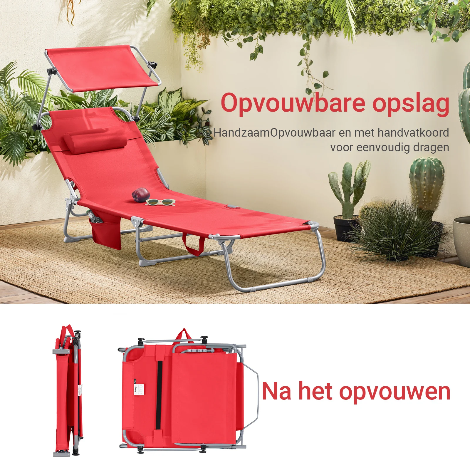 SoBuy Set van 2 Opvouwbare Ligstoelen, Verstelbare Lounge Stoelen met Luifel & 4 Standen - UV-Beschermende Zonnekap, Voor Zwembad, Camping en Buitenleven,Rood, OGS48-Rx2 - Image 8