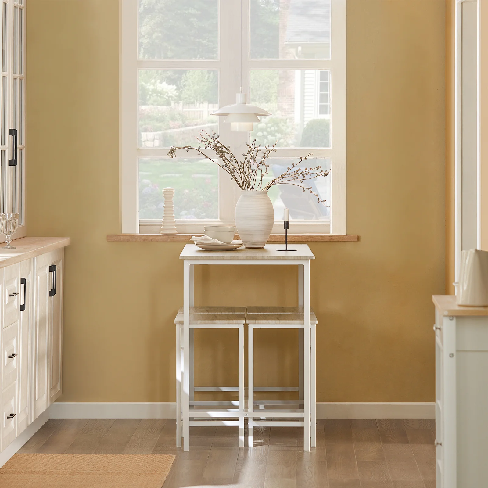 SoBuy OGT11-WN Eettafelset, 5-delig, bartafel met 4 stoelen, ruimtebesparende keukentafelset voor eetkamer, balkon, tuin, compact en modern, voor kleine ruimtes, witnatuur - Image 3