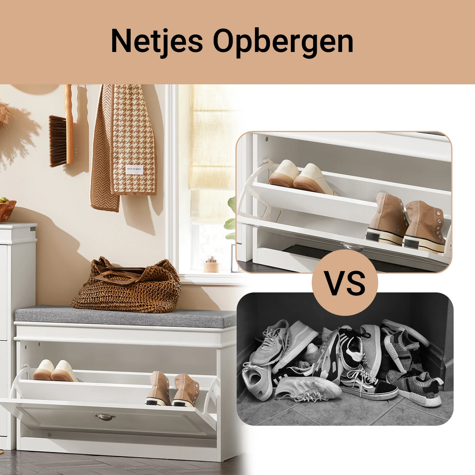 Pre-order SoBuy Set FSR82-L-W + FSR78-W – Witte Schoenenmeubel Set, Schoenenbank met Kussen + Schoenenkast met 2 Kleppen voor 8 Paar, 2-delig Halmeubel - Image 6