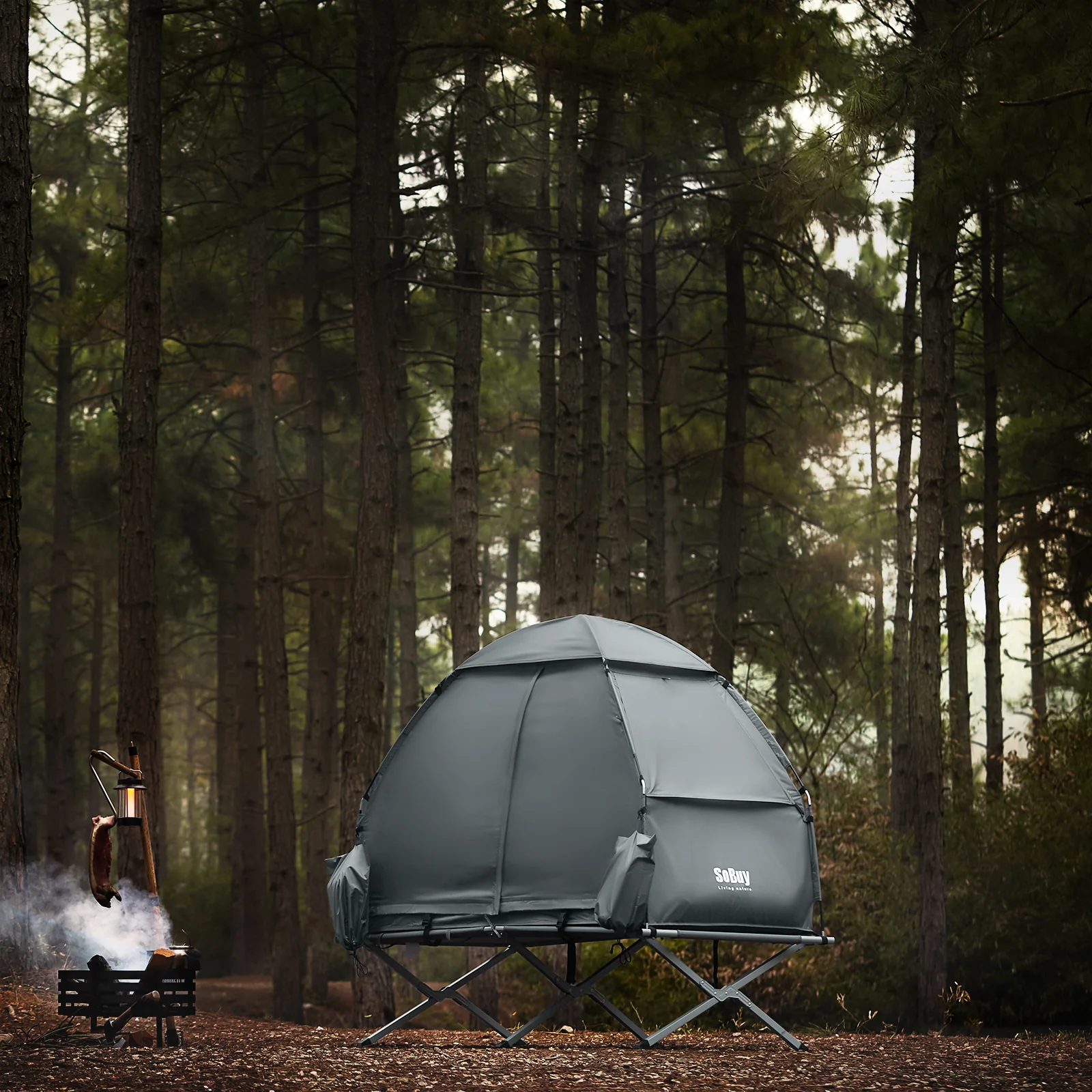 SoBuy OGS32-HG 4-in-1 Camping Tent met Opvouwbaar Bed, Waterdicht, Slaapzak en Matras, Lichtgewicht, voor 1 Persoon, Festival, Buitenleven, Hike en Bos, Grijs - Image 3