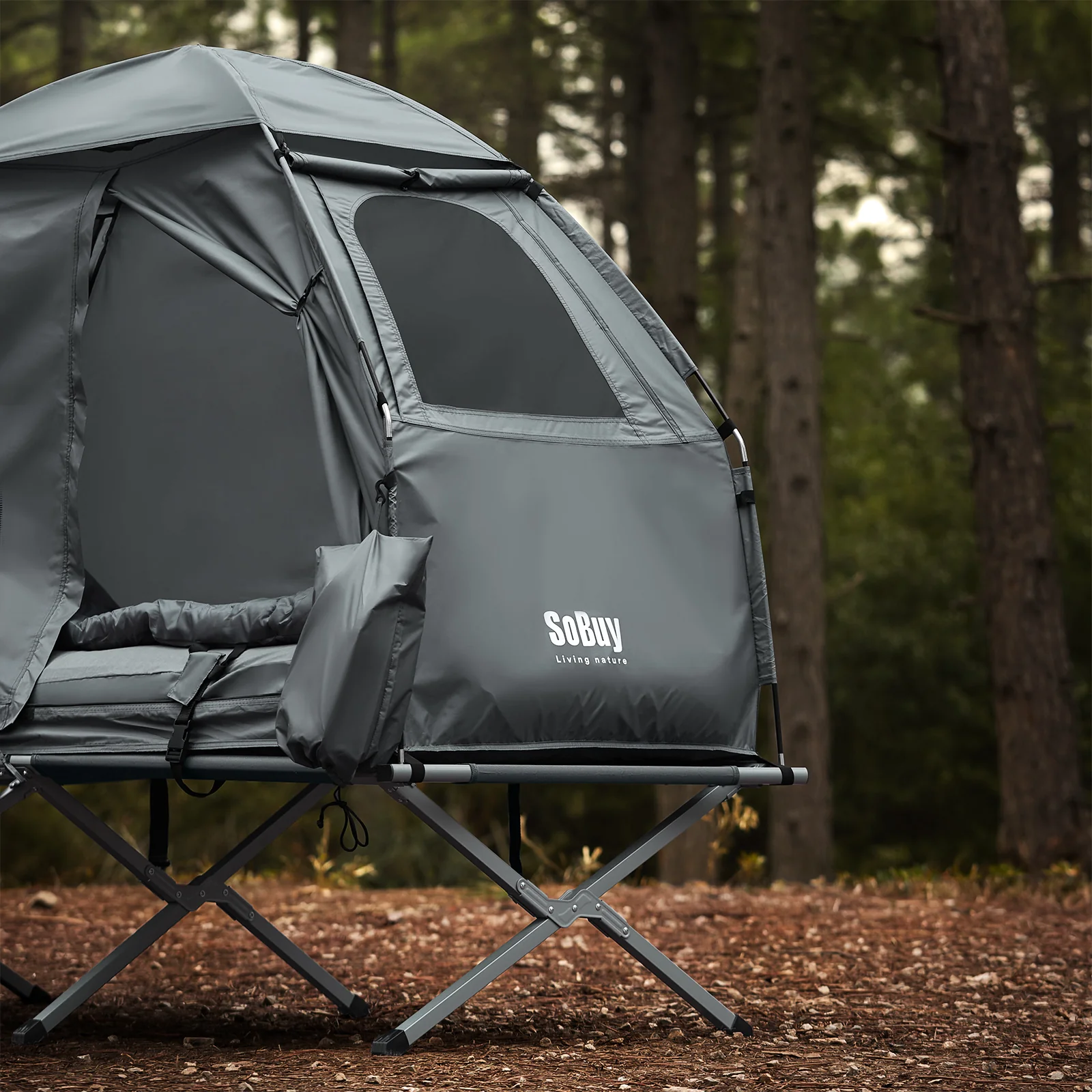 SoBuy OGS32-HG 4-in-1 Camping Tent met Opvouwbaar Bed, Waterdicht, Slaapzak en Matras, Lichtgewicht, voor 1 Persoon, Festival, Buitenleven, Hike en Bos, Grijs - Image 4