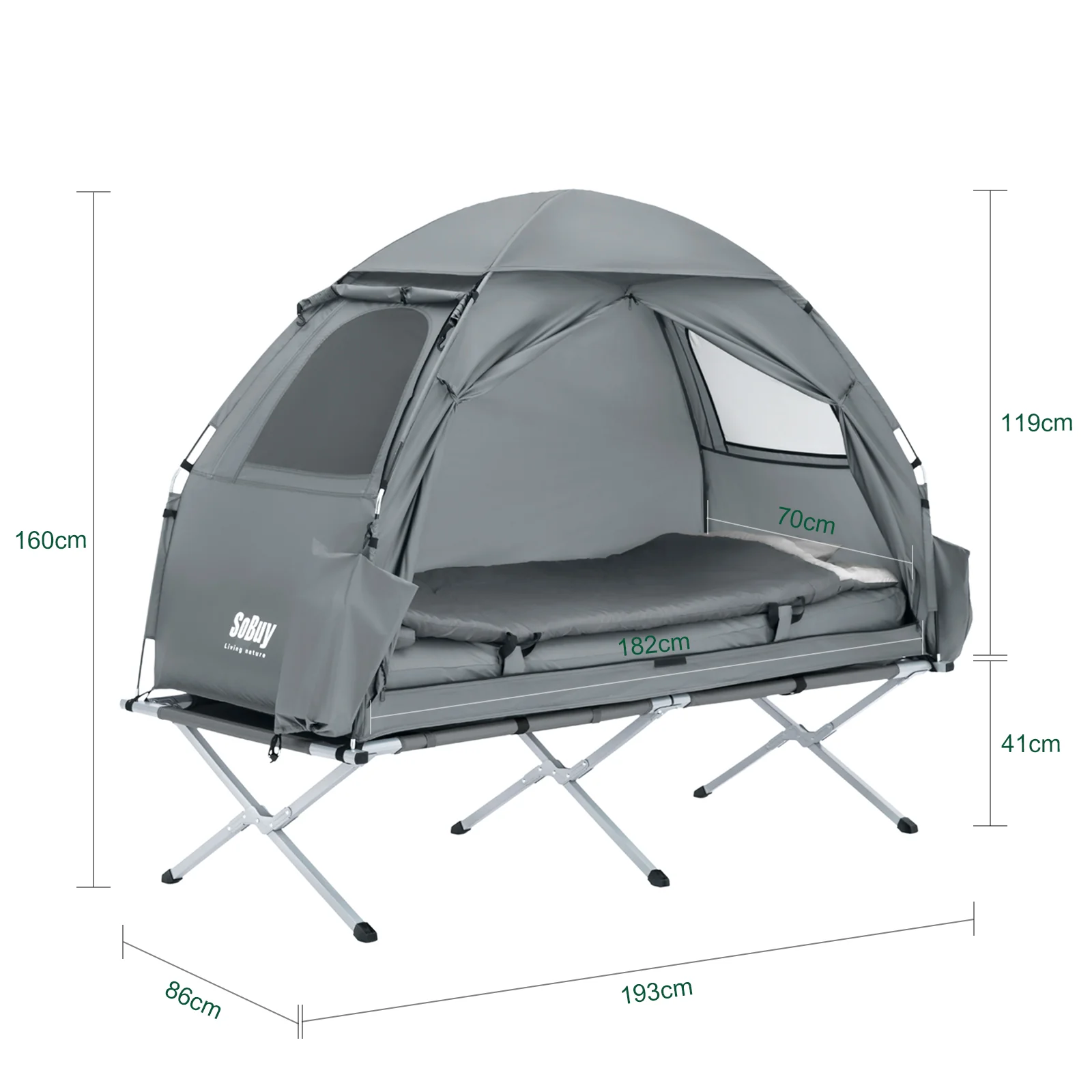 SoBuy OGS32-HG 4-in-1 Camping Tent met Opvouwbaar Bed, Waterdicht, Slaapzak en Matras, Lichtgewicht, voor 1 Persoon, Festival, Buitenleven, Hike en Bos, Grijs - Image 5