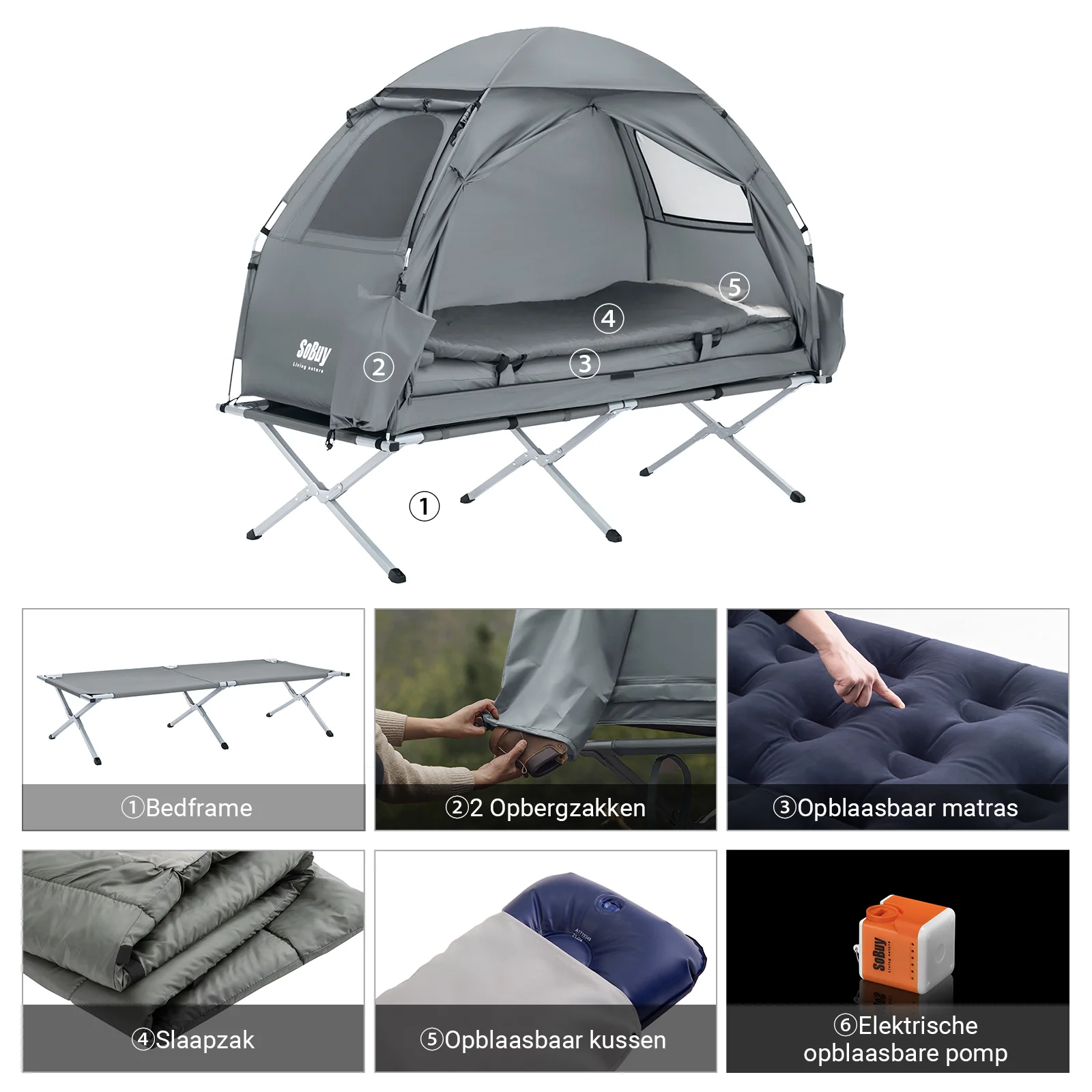 SoBuy OGS32-HG 4-in-1 Camping Tent met Opvouwbaar Bed, Waterdicht, Slaapzak en Matras, Lichtgewicht, voor 1 Persoon, Festival, Buitenleven, Hike en Bos, Grijs - Image 9