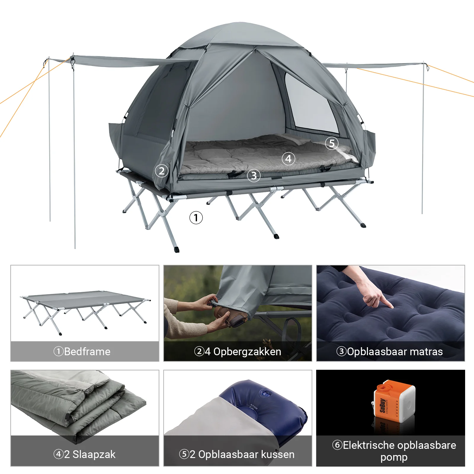SoBuy OGS32-L-HG 4-in-1 Camping Tent met Opvouwbaar Bed, Waterdicht, Slaapzak en Matras, Lichtgewicht, voor 2 Persoon, Festival, Buitenleven, Hike en Bos - Grijs - Image 13
