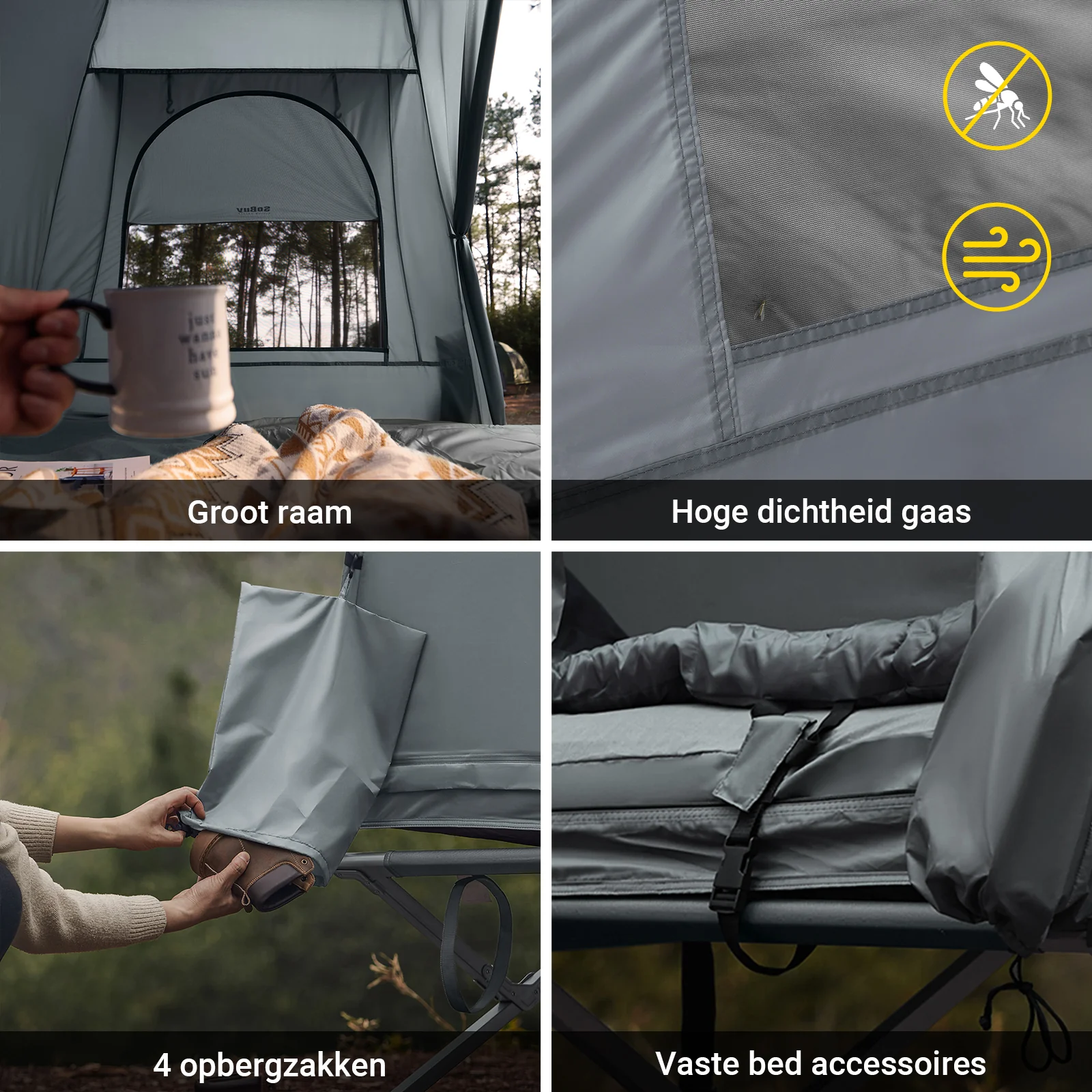 SoBuy OGS32-L-HG 4-in-1 Camping Tent met Opvouwbaar Bed, Waterdicht, Slaapzak en Matras, Lichtgewicht, voor 2 Persoon, Festival, Buitenleven, Hike en Bos - Grijs - Image 8