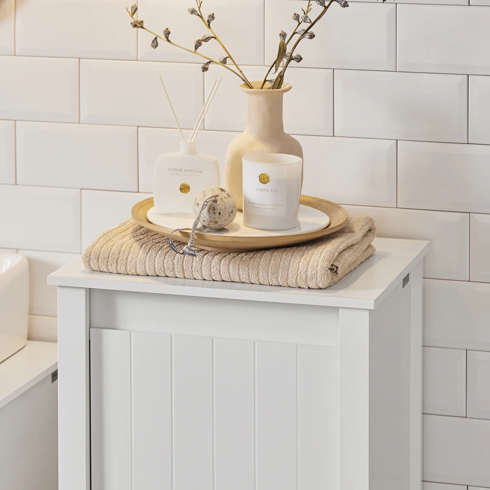 SoBuy BZR100-W Badkamerkast, Lage Kast, Smal Badkamerkastje, Halfhoge Opbergkast, Opbergplank, Badkamermeubel met 1 Kantelbare Wasmand - Image 6