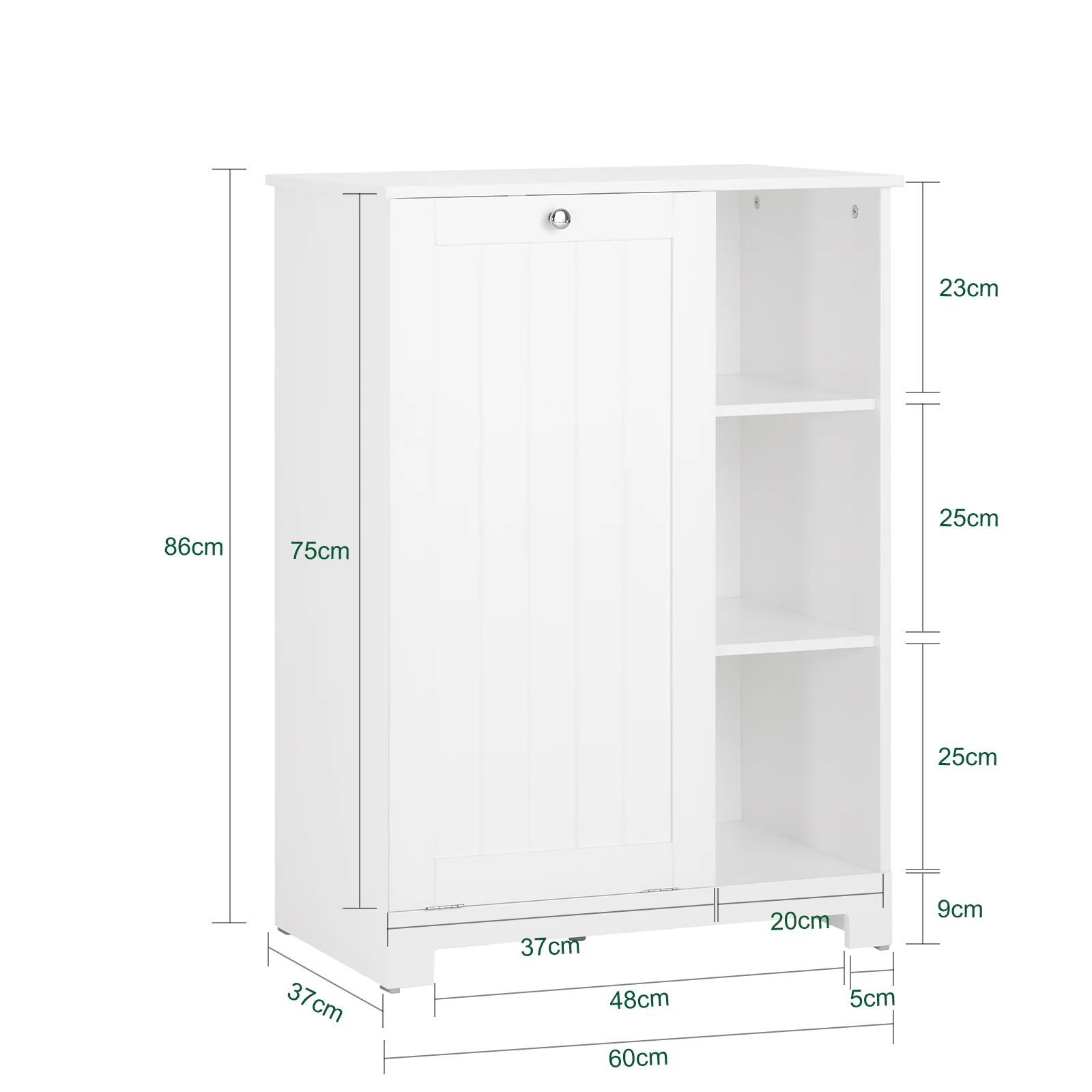 SoBuy BZR105-W Badkamerkast met Wasmand – Compacte Onderkast met Hangend Wasmandje en 3 Open Planken, Witte Houten Opbergkast, 60x37x86 cm - Image 5