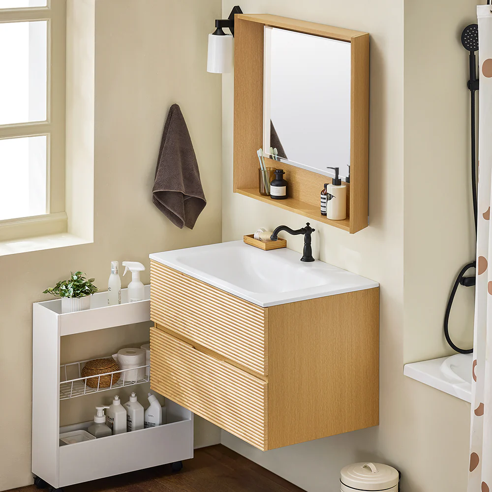 SoBuy BZR198-N Hangkast voor wastafel met spiegel, wastafelmeubel met spiegel, wastafelset met spiegel, handwaskast met spiegel, houtkleur - Image 23