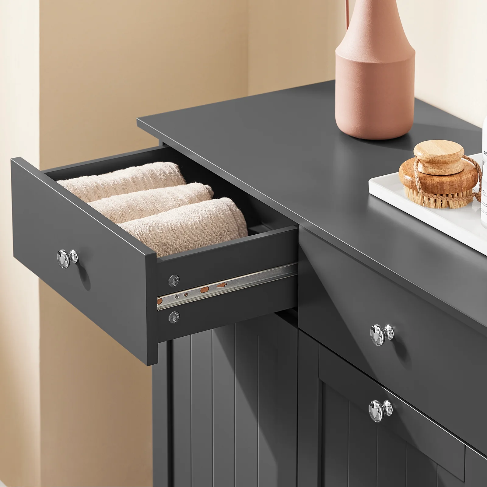 SoBuy BZR33-II-DG Badkamerkastmet Wasmanden - Opbergkast, Lage Kast met 2 Lades en 2 Verwijderbare Mandjes, Badkameropbergkast, Wasgoedkistin Hout, Grijs, 78x38x90 cm - Image 10