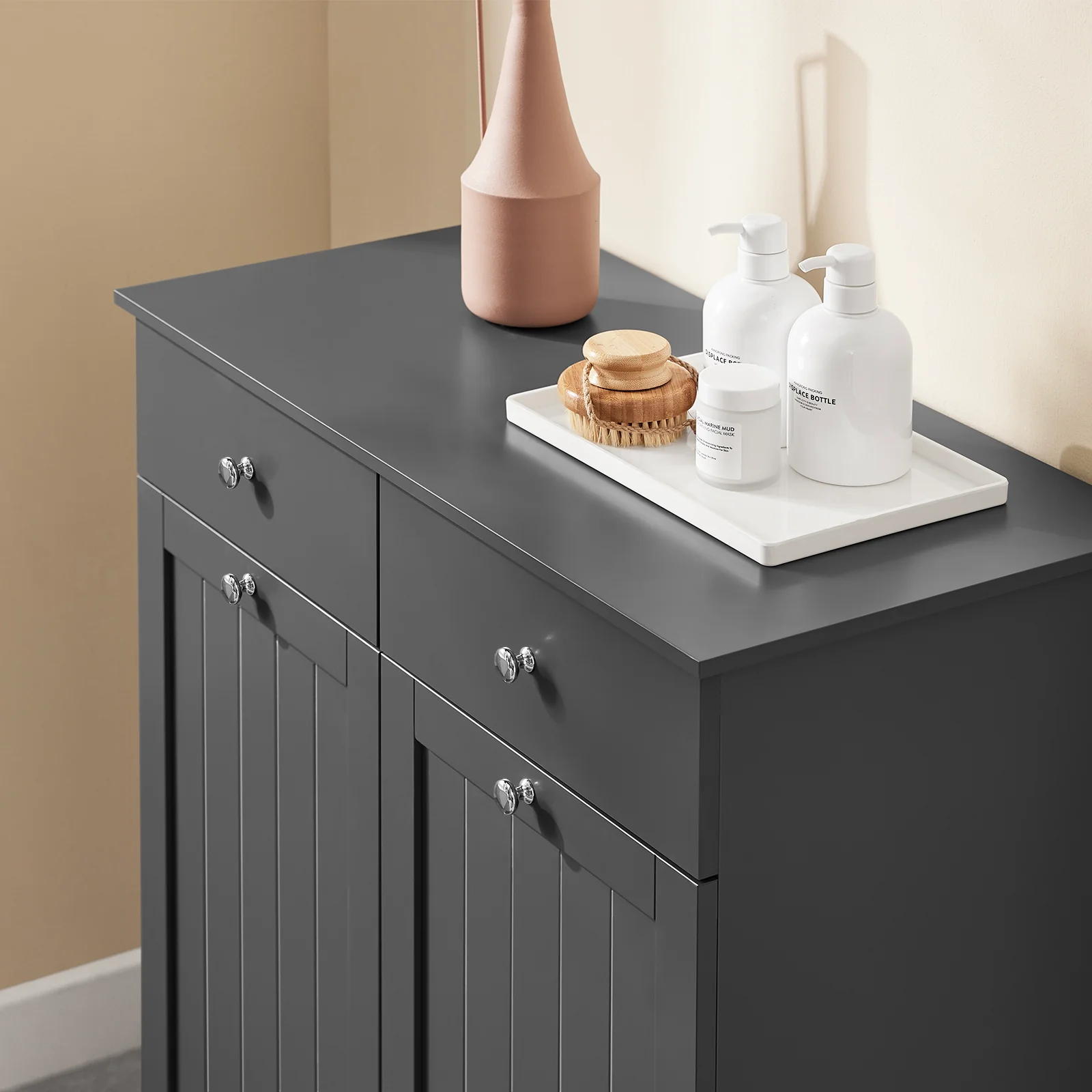 SoBuy BZR33-II-DG Badkamerkastmet Wasmanden - Opbergkast, Lage Kast met 2 Lades en 2 Verwijderbare Mandjes, Badkameropbergkast, Wasgoedkistin Hout, Grijs, 78x38x90 cm - Image 11