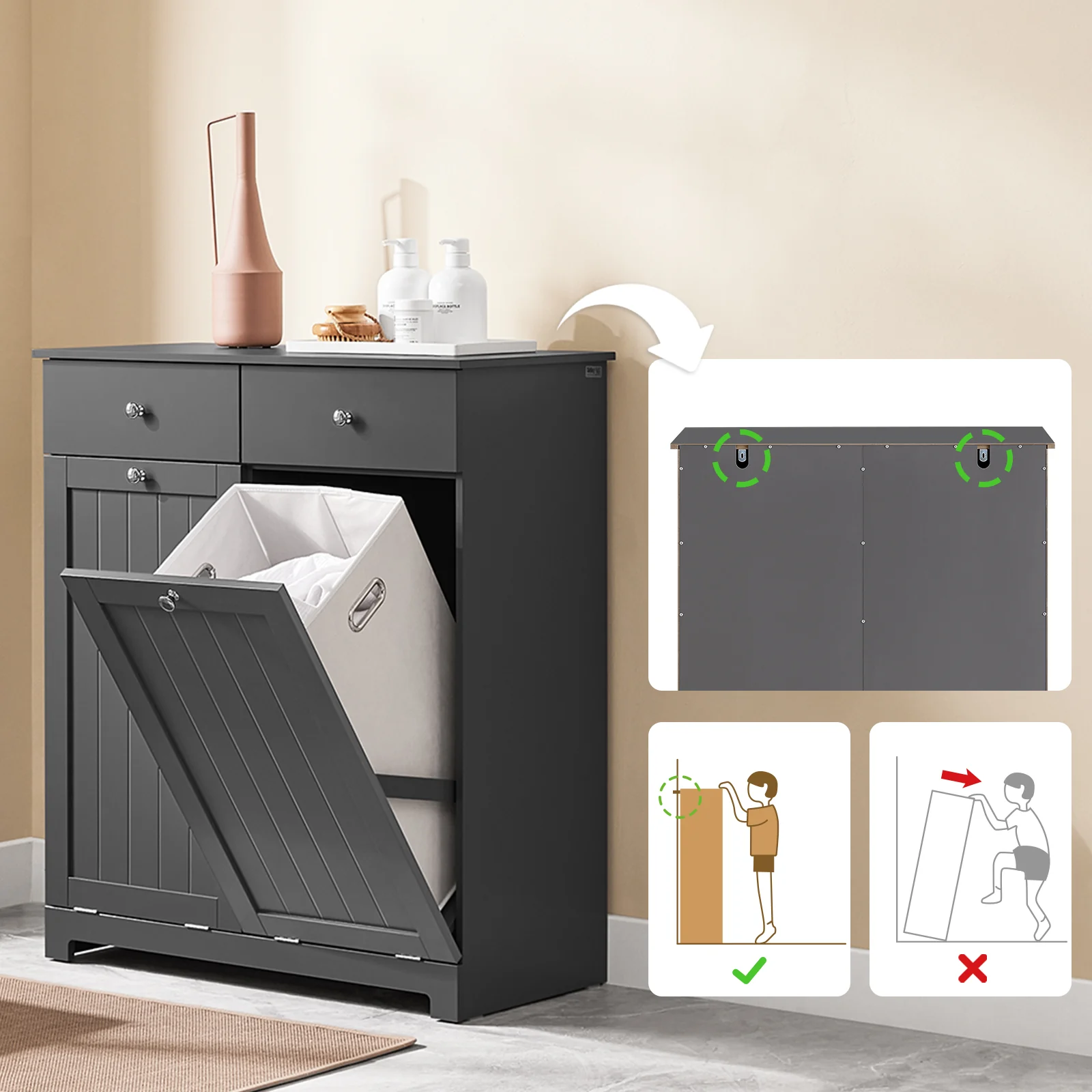 SoBuy BZR33-II-DG Badkamerkastmet Wasmanden - Opbergkast, Lage Kast met 2 Lades en 2 Verwijderbare Mandjes, Badkameropbergkast, Wasgoedkistin Hout, Grijs, 78x38x90 cm - Image 3