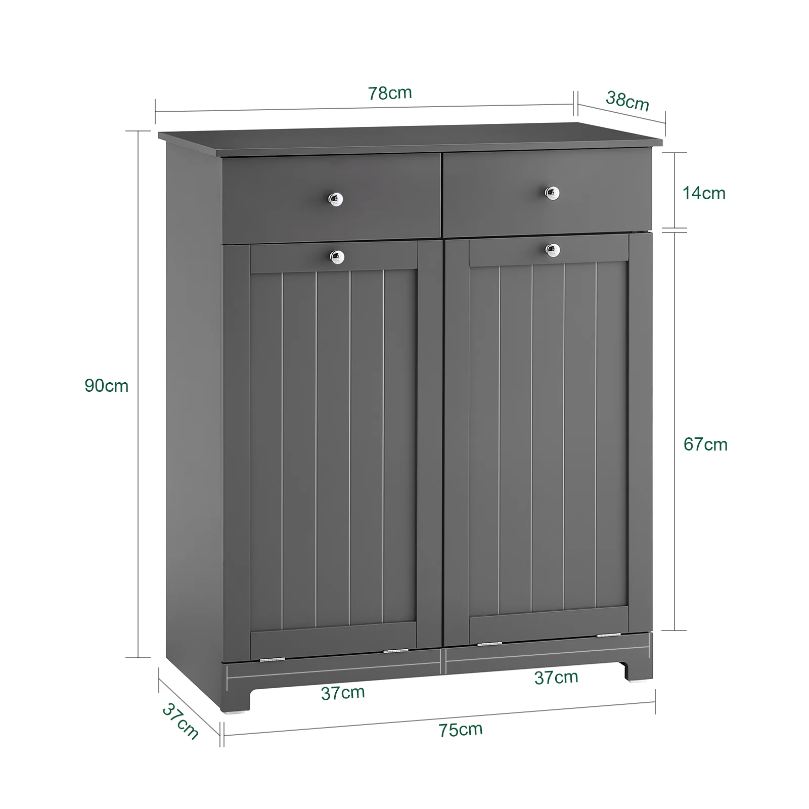SoBuy BZR33-II-DG Badkamerkastmet Wasmanden - Opbergkast, Lage Kast met 2 Lades en 2 Verwijderbare Mandjes, Badkameropbergkast, Wasgoedkistin Hout, Grijs, 78x38x90 cm - Image 4