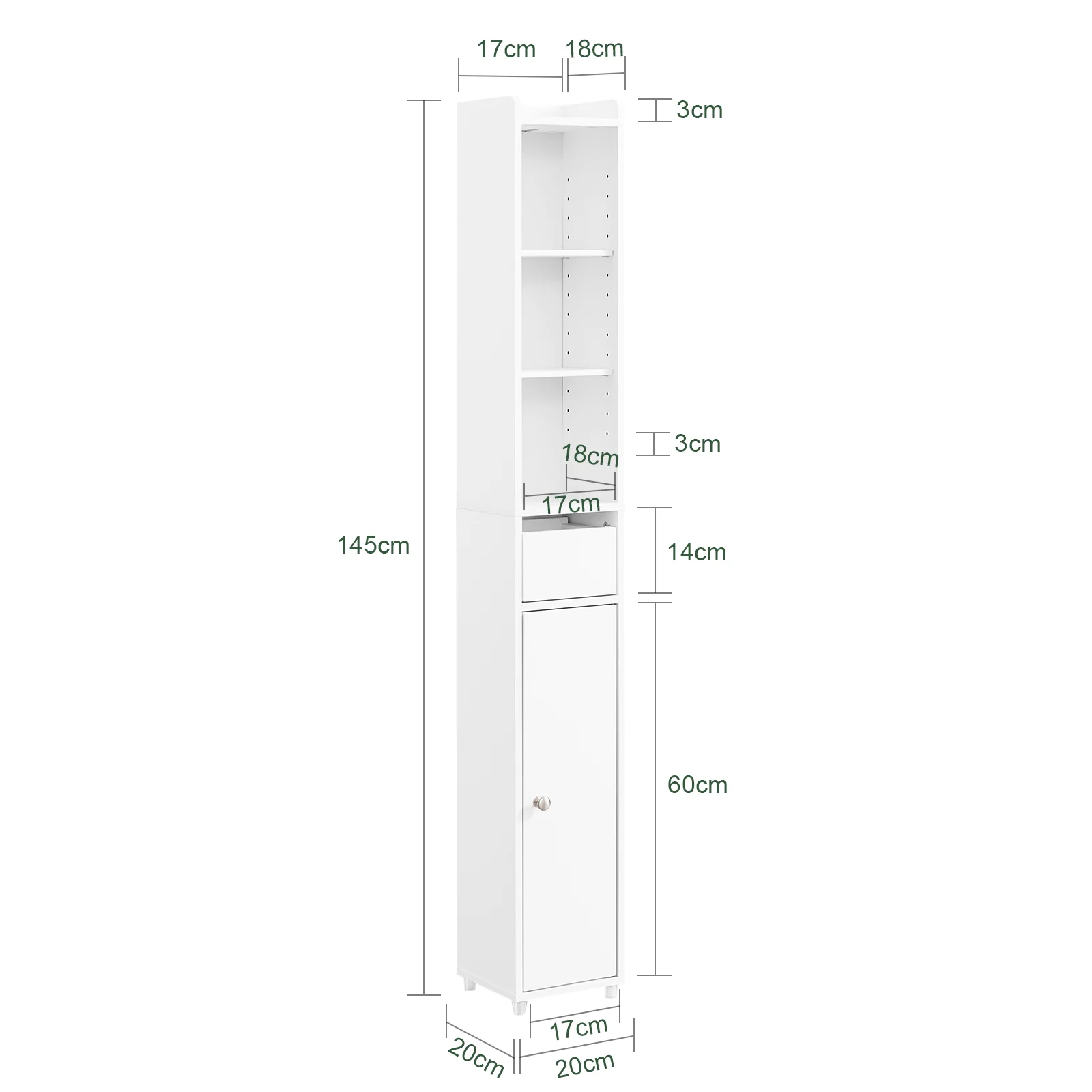 SoBuy BZR34-K-W Badkamerkast, Smal Hogekast, Badkamerrek, kast met deur en lade, badkamermeubel, apothekerskast, staand nisrek voor badkamer, kleine ruimtes, Wit, 20 x 20 x 145 cm - Image 4