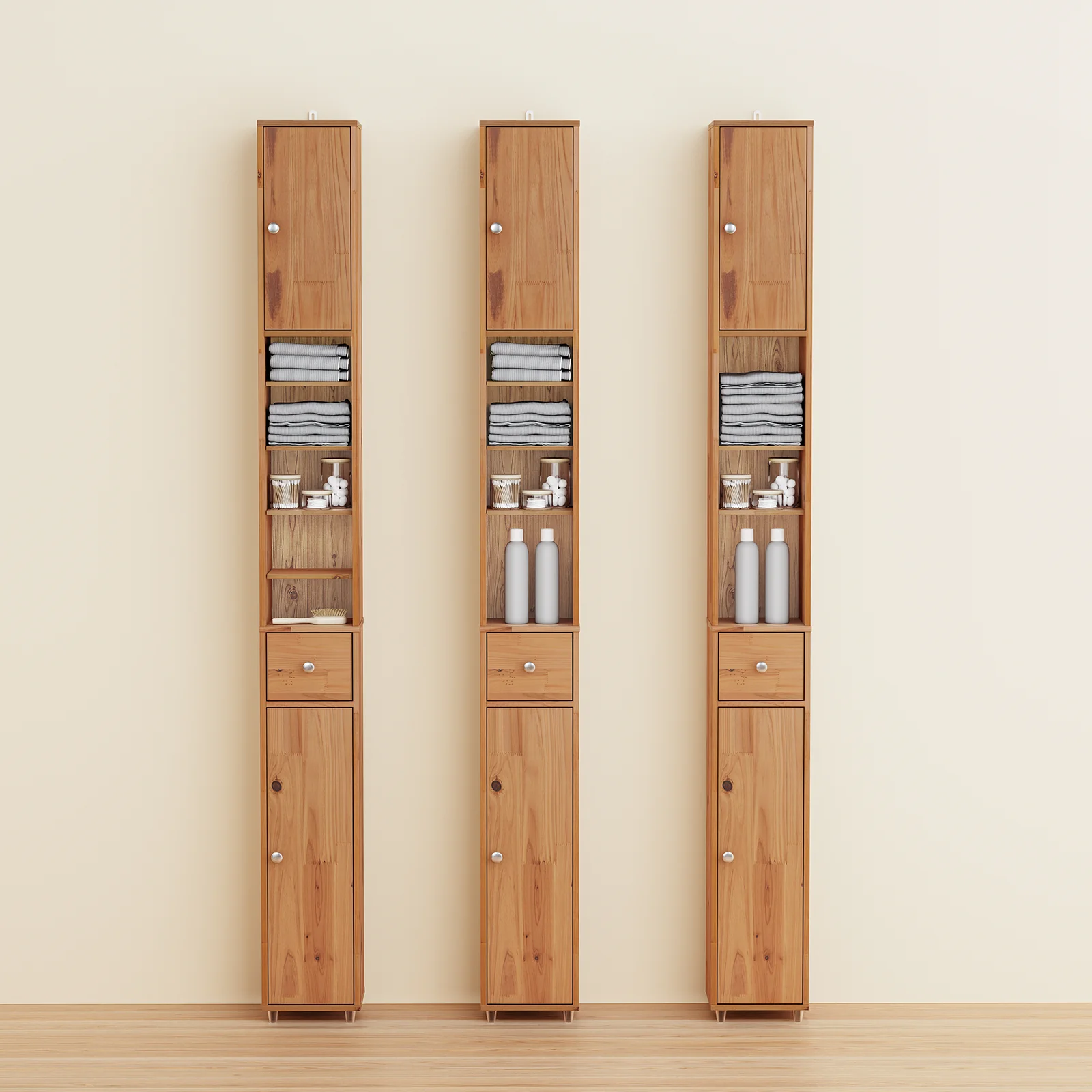 SoBuy BZR34-II-SH Hoge Badkamerkast – Smalle Opbergkast voor Badkamer– Vrijstaand Slank Badkamermeubel, Waterbestendig massief hout met Verstelbare Planken en Lade, Houtkleur, B20 x D20 x H180cm - Image 3