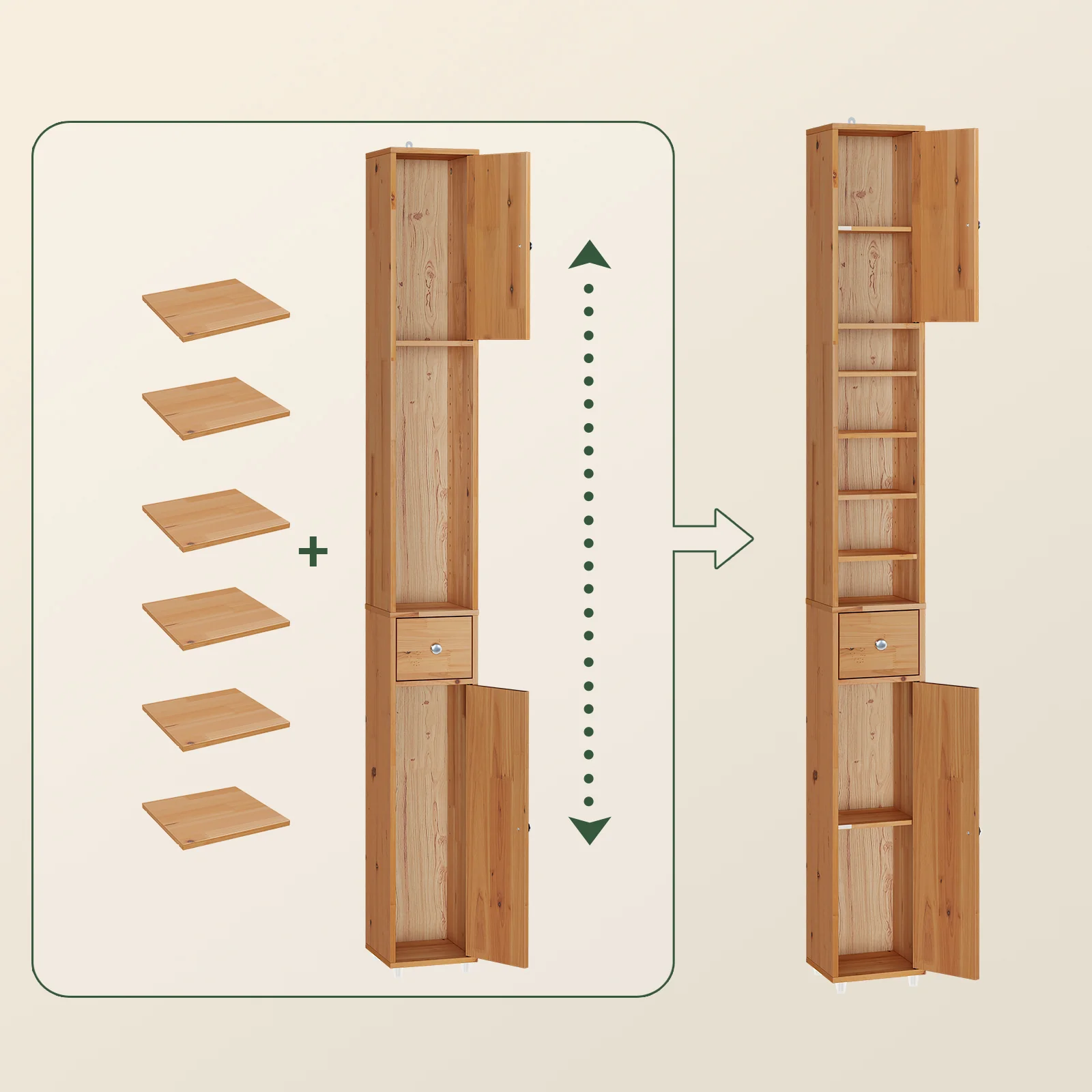 SoBuy BZR34-II-SH Hoge Badkamerkast – Smalle Opbergkast voor Badkamer– Vrijstaand Slank Badkamermeubel, Waterbestendig massief hout met Verstelbare Planken en Lade, Houtkleur, B20 x D20 x H180cm - Image 5