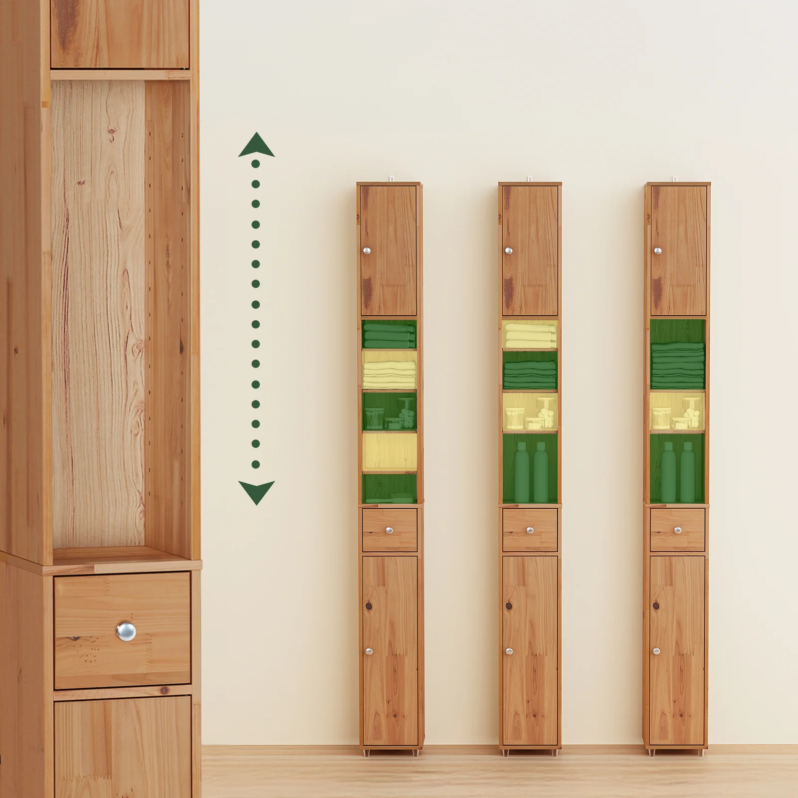 SoBuy BZR34-II-SH Hoge Badkamerkast – Smalle Opbergkast voor Badkamer– Vrijstaand Slank Badkamermeubel, Waterbestendig massief hout met Verstelbare Planken en Lade, Houtkleur, B20 x D20 x H180cm - Image 7