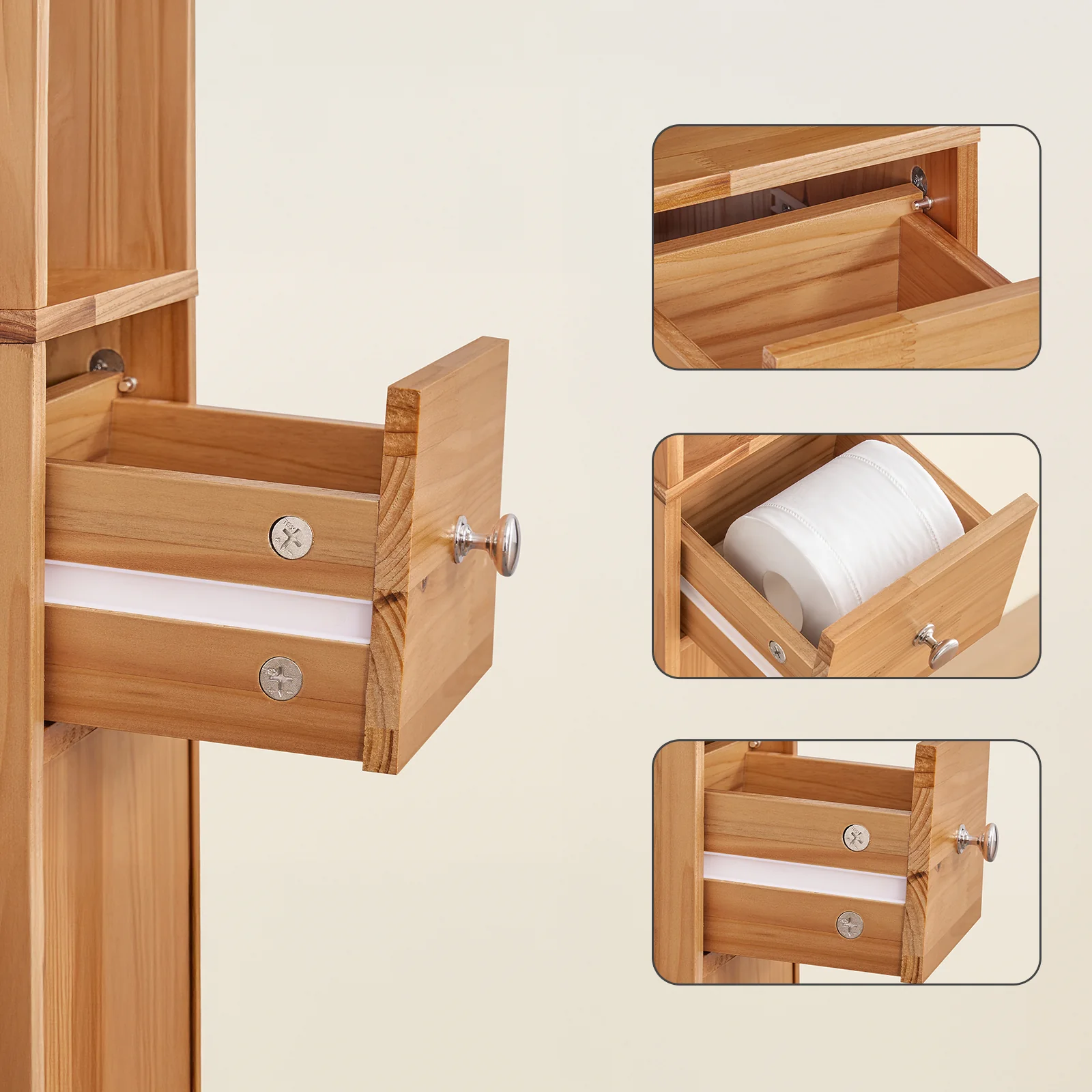 SoBuy BZR34-II-SH Hoge Badkamerkast – Smalle Opbergkast voor Badkamer– Vrijstaand Slank Badkamermeubel, Waterbestendig massief hout met Verstelbare Planken en Lade, Houtkleur, B20 x D20 x H180cm - Image 8