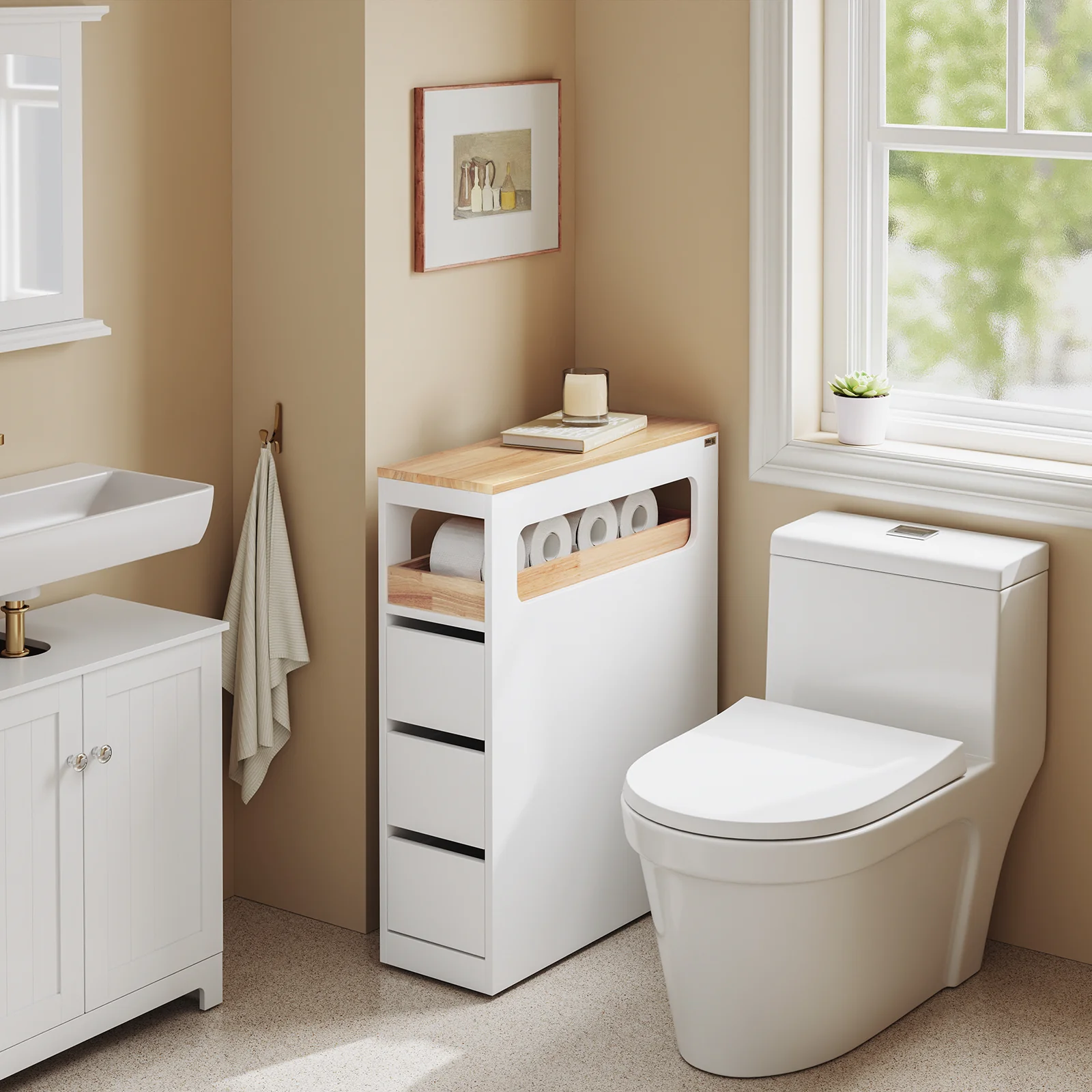 SoBuy BZR54-II-W Smalle Badkamerkast op Wieltjes – Opbergkast met 3 Lades en Verstelbaar Schap, Compact WC-Meubel van Hout, Wit, 65×23×82 cm - Image 3