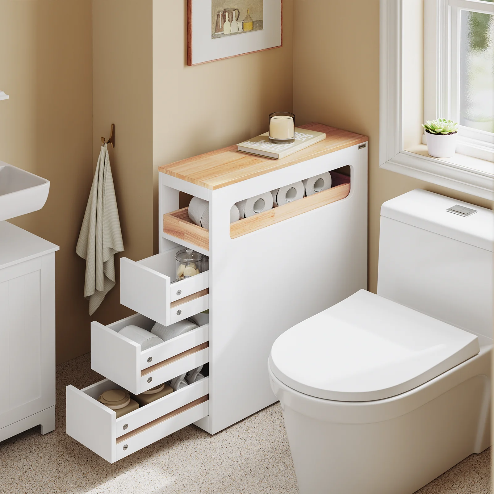 SoBuy BZR54-II-W Smalle Badkamerkast op Wieltjes – Opbergkast met 3 Lades en Verstelbaar Schap, Compact WC-Meubel van Hout, Wit, 65×23×82 cm - Image 4