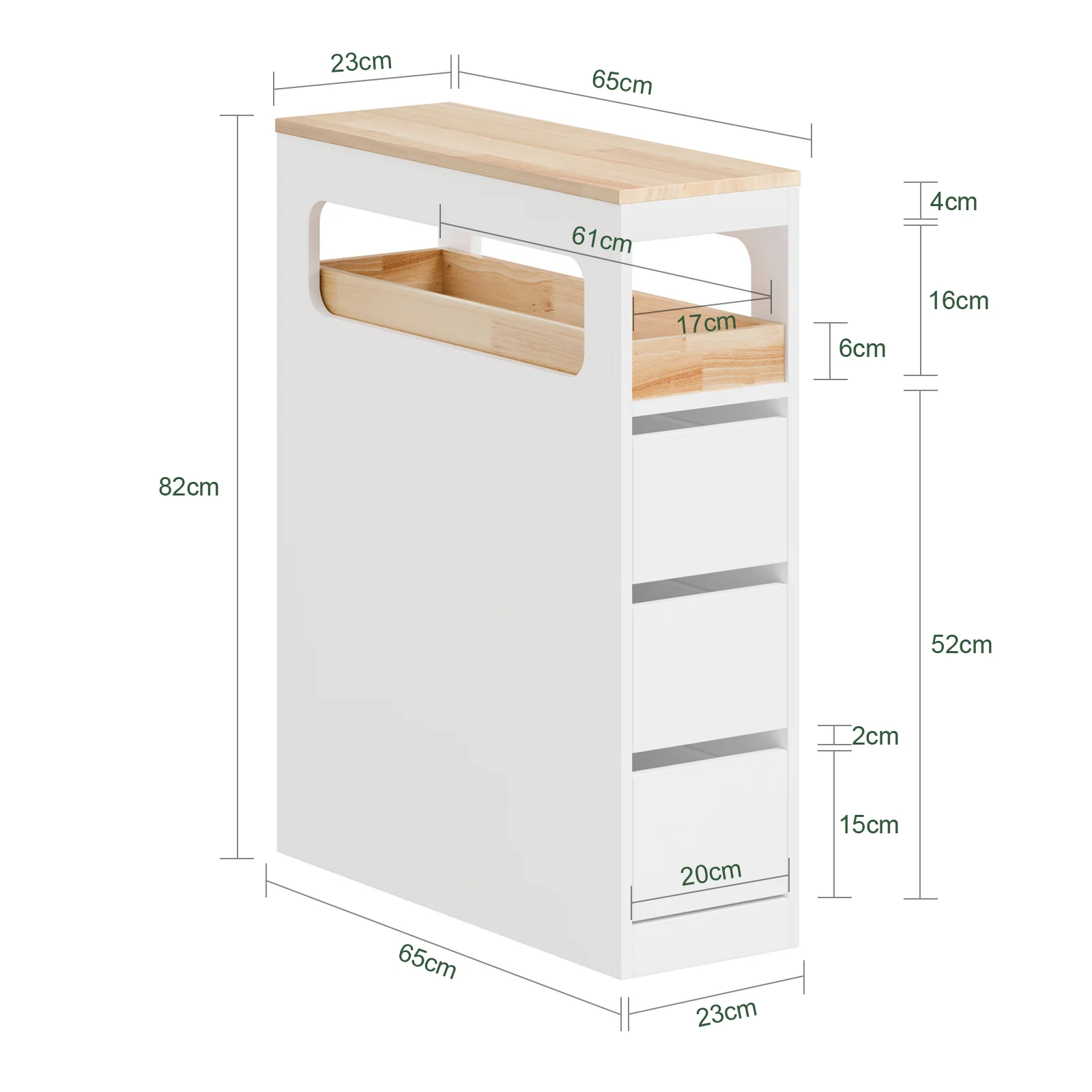 SoBuy BZR54-II-W Smalle Badkamerkast op Wieltjes – Opbergkast met 3 Lades en Verstelbaar Schap, Compact WC-Meubel van Hout, Wit, 65×23×82 cm - Image 5