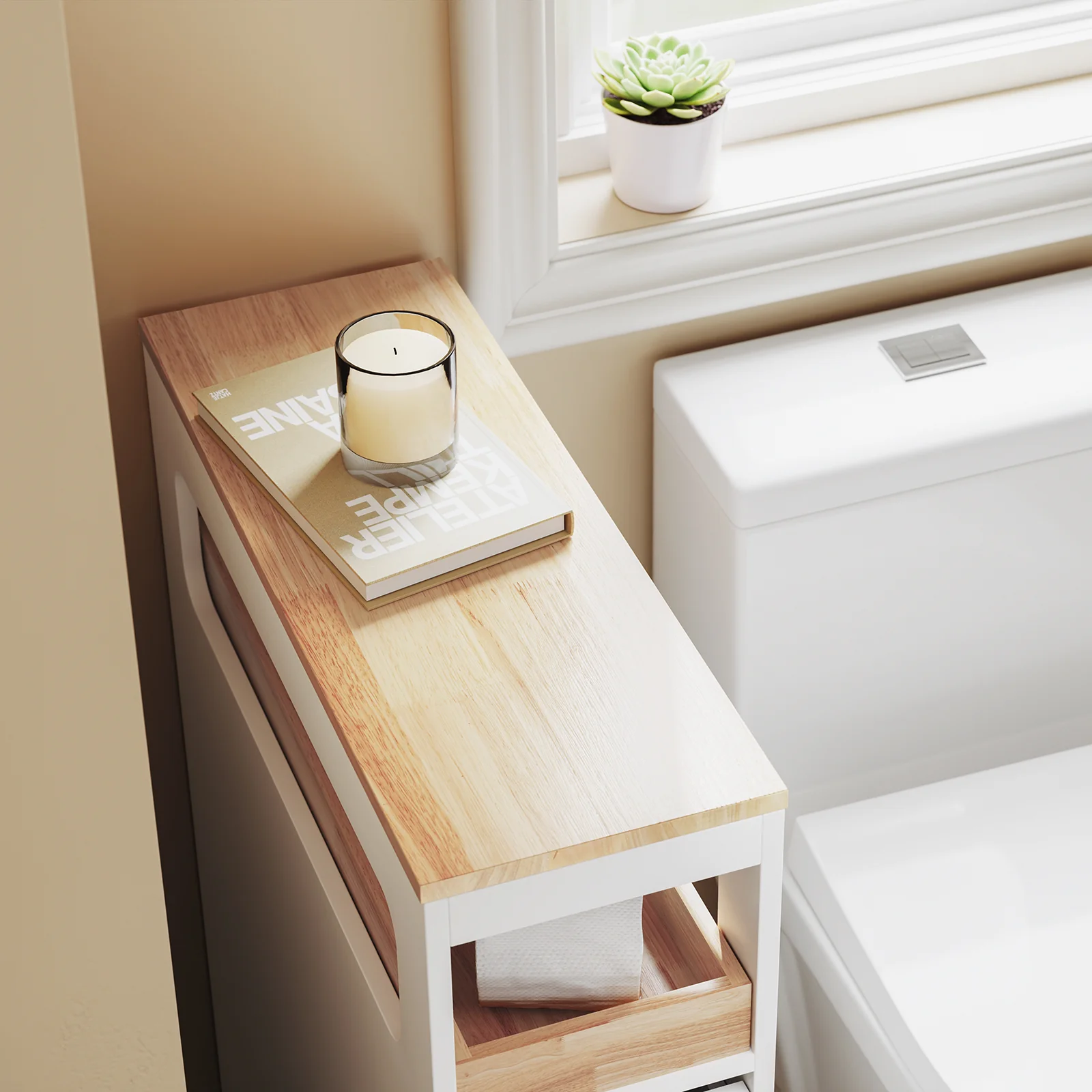 SoBuy BZR54-II-W Smalle Badkamerkast op Wieltjes – Opbergkast met 3 Lades en Verstelbaar Schap, Compact WC-Meubel van Hout, Wit, 65×23×82 cm - Image 6