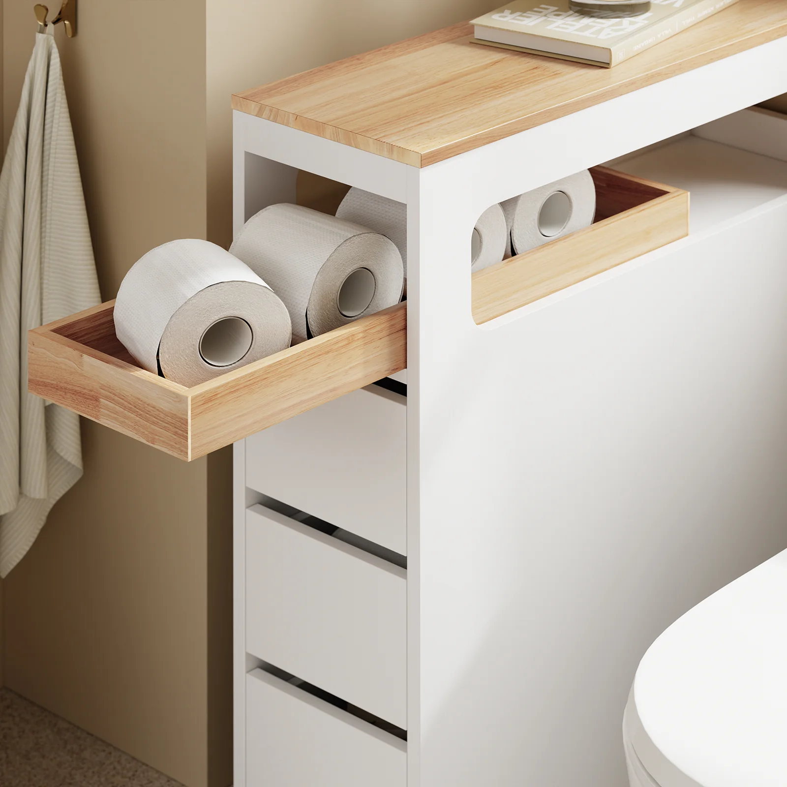 SoBuy BZR54-II-W Smalle Badkamerkast op Wieltjes – Opbergkast met 3 Lades en Verstelbaar Schap, Compact WC-Meubel van Hout, Wit, 65×23×82 cm - Image 7