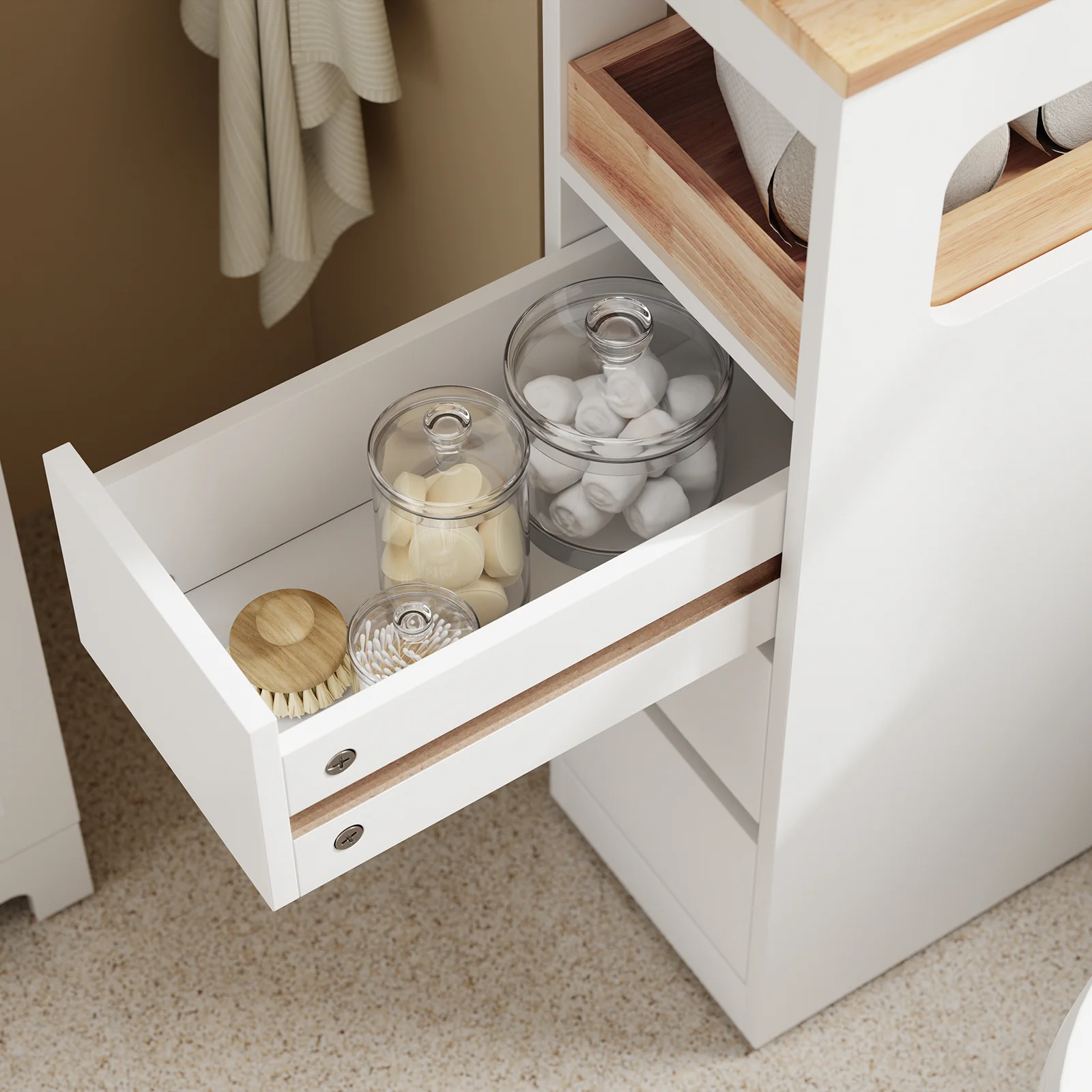 SoBuy BZR54-II-W Smalle Badkamerkast op Wieltjes – Opbergkast met 3 Lades en Verstelbaar Schap, Compact WC-Meubel van Hout, Wit, 65×23×82 cm - Image 8
