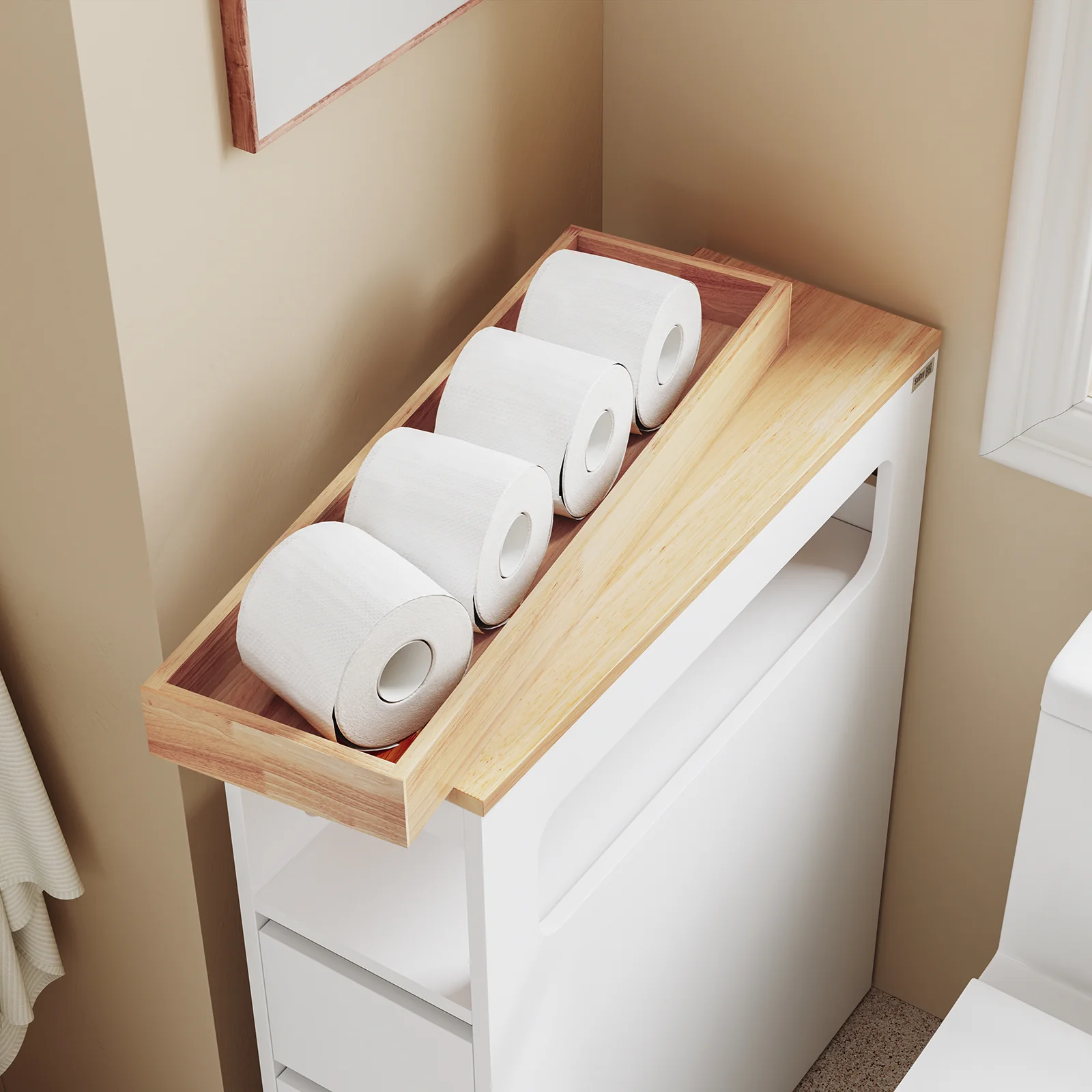 SoBuy BZR54-II-W Smalle Badkamerkast op Wieltjes – Opbergkast met 3 Lades en Verstelbaar Schap, Compact WC-Meubel van Hout, Wit, 65×23×82 cm - Image 9