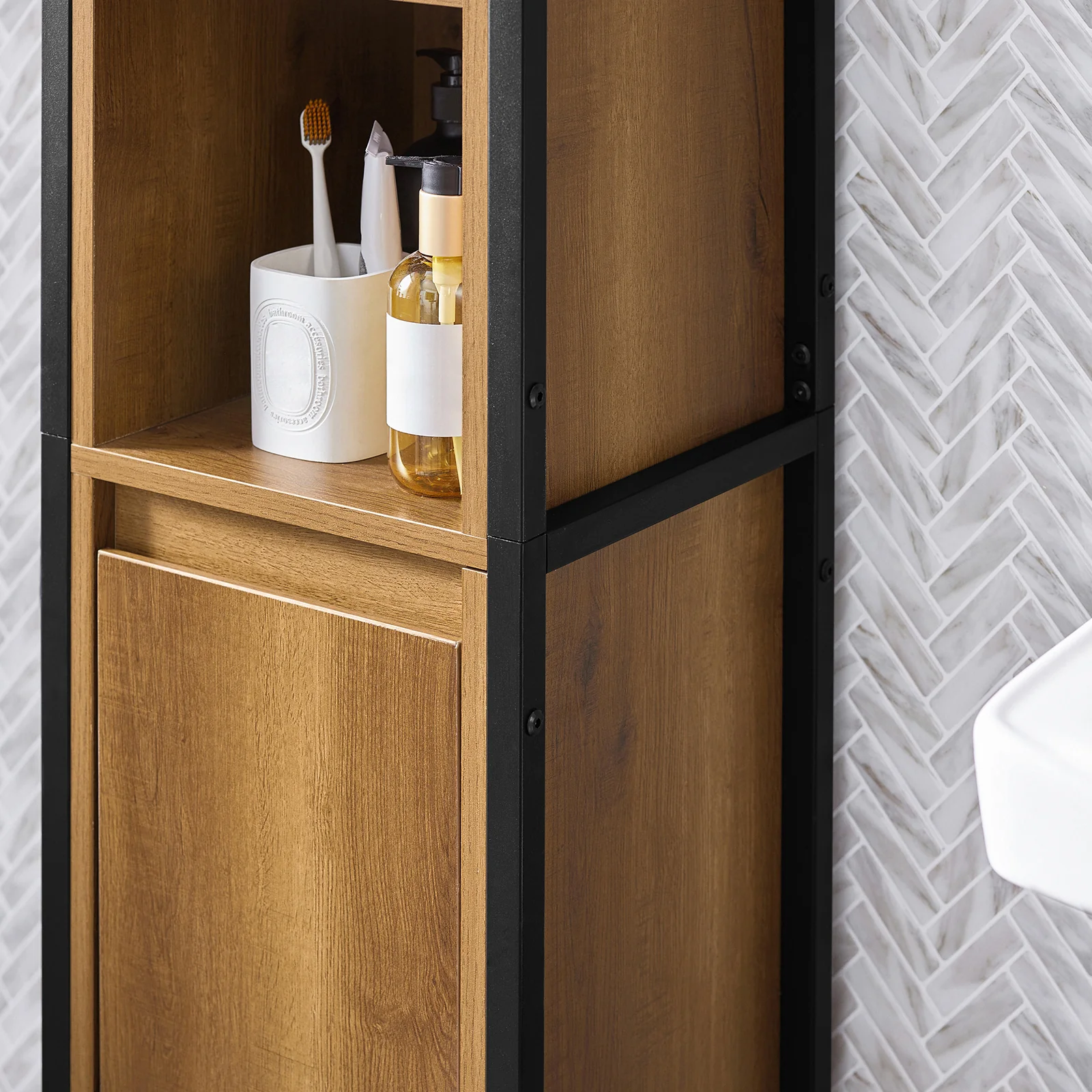 SoBuy BZR62-PF Smalle Badkamerkolom Vintage – Opbergkast met 3 Open Vakken & 1 Deur – Industriële Stijl – 30×168×28 cm - Image 10