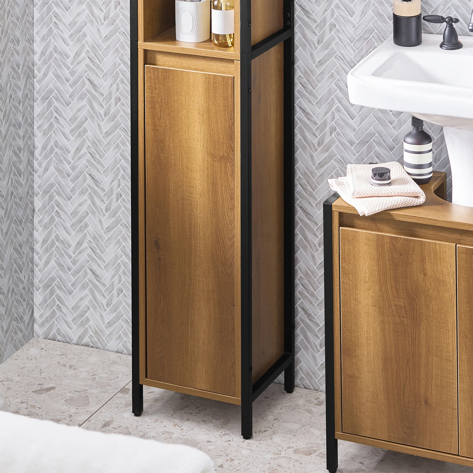 SoBuy BZR62-PF Smalle Badkamerkolom Vintage – Opbergkast met 3 Open Vakken & 1 Deur – Industriële Stijl – 30×168×28 cm - Image 11