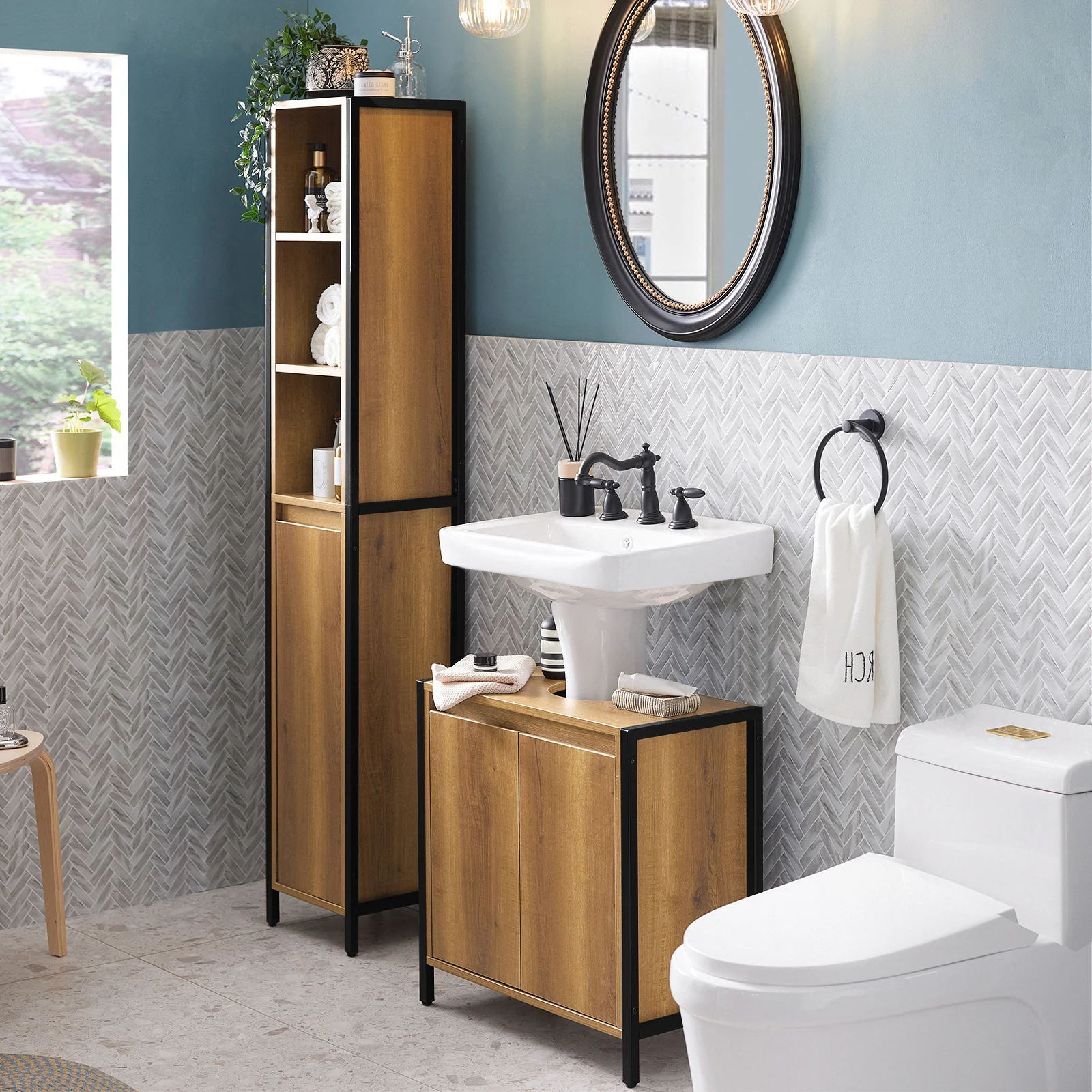 SoBuy BZR62-PF Smalle Badkamerkolom Vintage – Opbergkast met 3 Open Vakken & 1 Deur – Industriële Stijl – 30×168×28 cm - Image 3