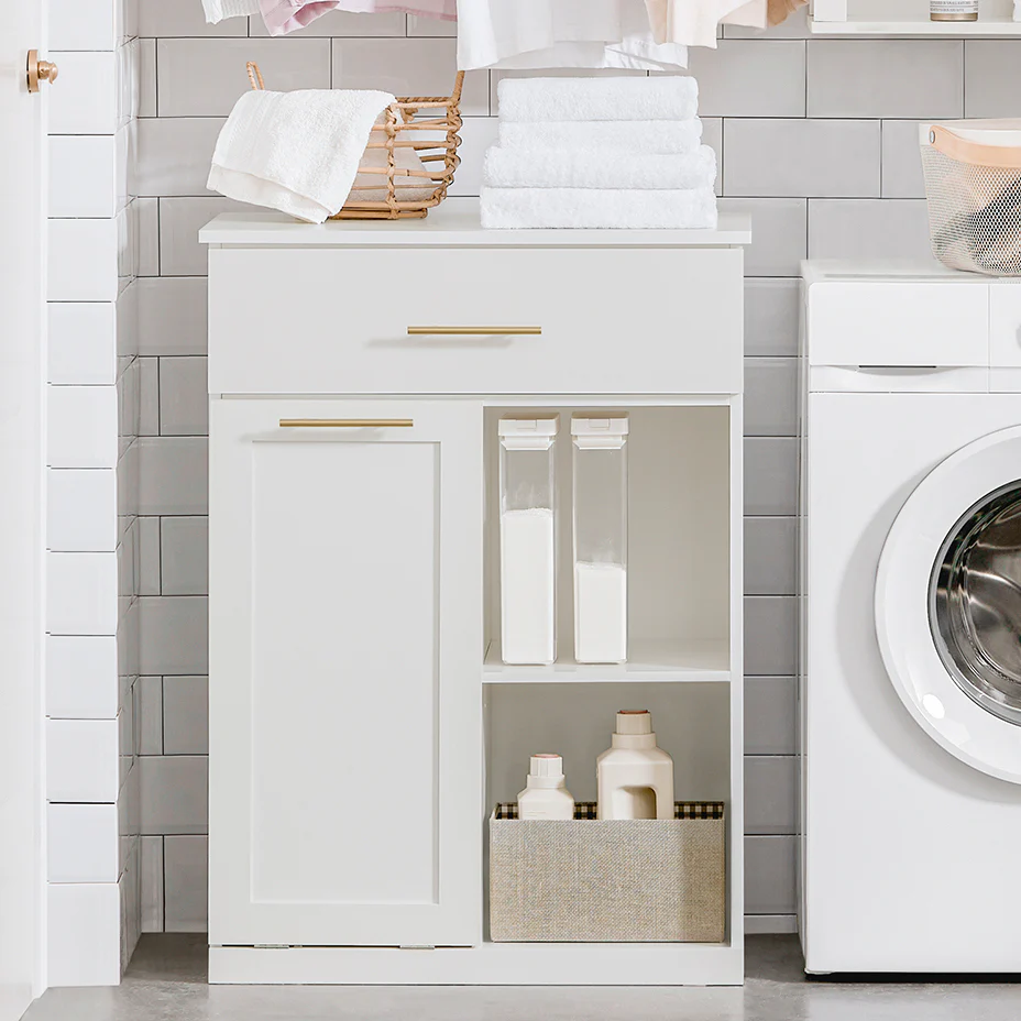 SoBuy BZR66-W Badkamerkast met Kantelbare Wasmand, Badkamermeubel met Waskast, Lage Kast, Staande Kast - Image 4