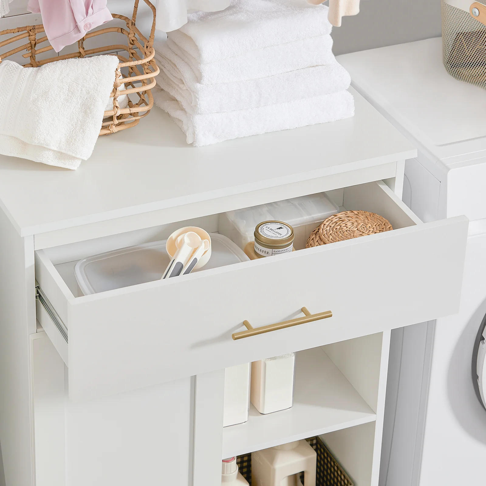 SoBuy BZR66-W Badkamerkast met Kantelbare Wasmand, Badkamermeubel met Waskast, Lage Kast, Staande Kast - Image 6