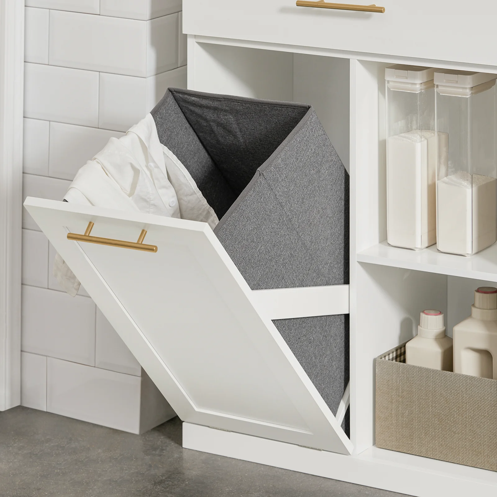 SoBuy BZR66-W Badkamerkast met Kantelbare Wasmand, Badkamermeubel met Waskast, Lage Kast, Staande Kast - Image 7