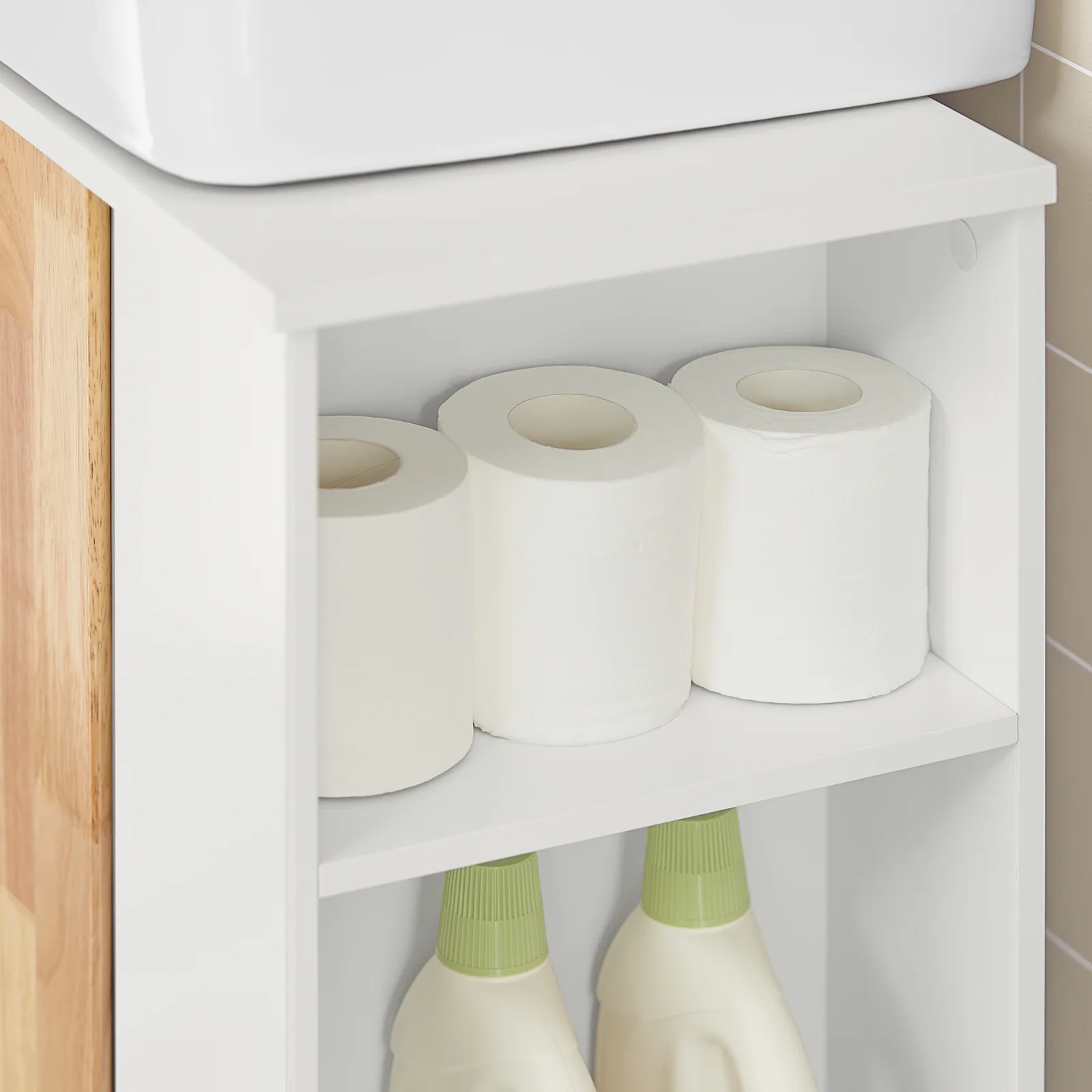 SoBuy BZR75-W Wastafel Onderkast - Wastafelmeubel - Badkamerkast - Badkamer Onderkast Wastafelkast met Deur en 2 Zijvakken - Image 11