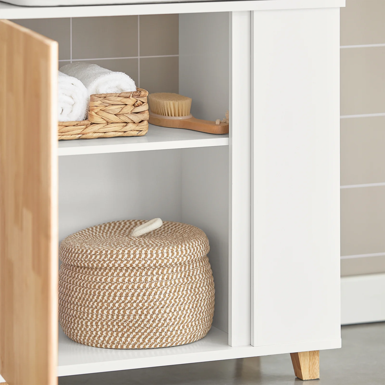 SoBuy BZR75-W Wastafel Onderkast - Wastafelmeubel - Badkamerkast - Badkamer Onderkast Wastafelkast met Deur en 2 Zijvakken - Image 13