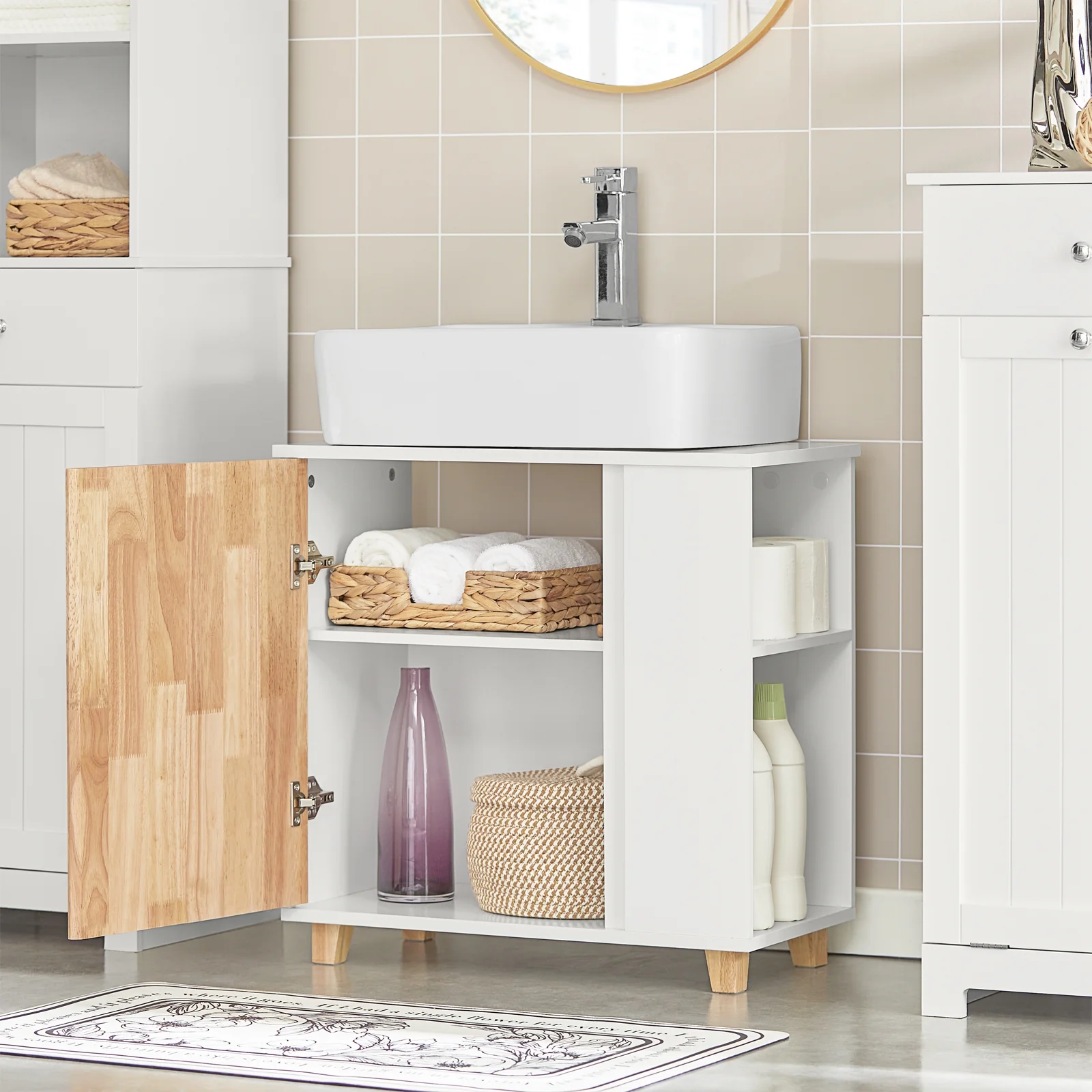 SoBuy BZR75-W Wastafel Onderkast - Wastafelmeubel - Badkamerkast - Badkamer Onderkast Wastafelkast met Deur en 2 Zijvakken - Image 4