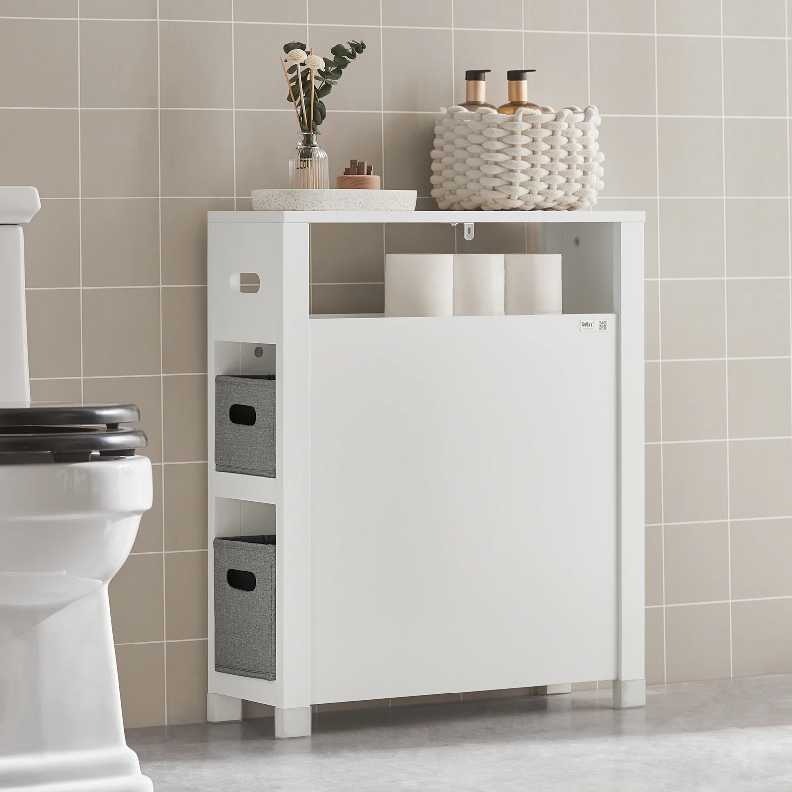 SoBuy BZR83-W Lage kast, Badkamer Kast, Toiletrolhouder, Toiletkast, Smalle Opbergkast, Staande Badkamerkast - Image 12