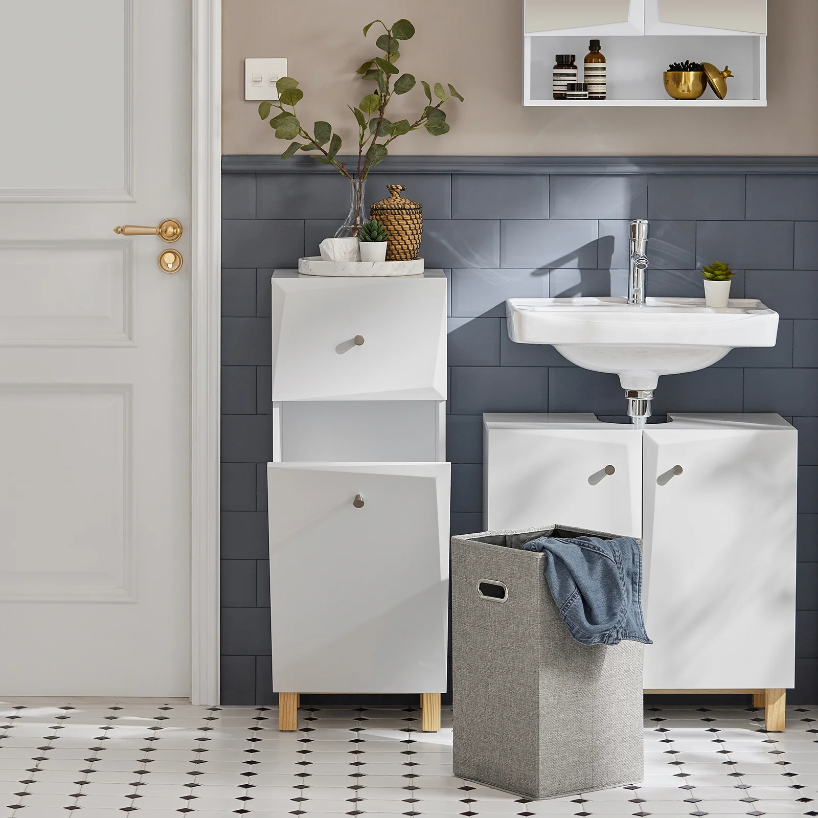 SoBuy BZR93-W Badkamerkast, Smal Badkamerkastje, Lage Kast, Ladenkast, Halfhoge met 1 Lade en 1 Kantelbare Wasman - Image 4