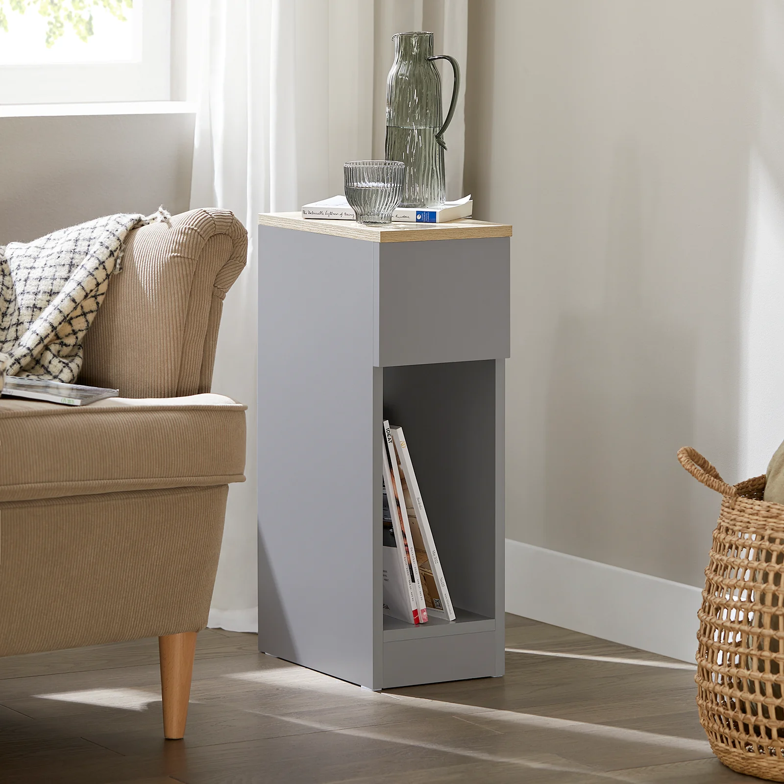 SoBuy FBT111-HGx2 Smalle Nachtkastje Set van 2 - Elegante Bijzettafel met Lade en Plank - Nachtkastje voor Slaapkamer of Woonkamer - Grijs L 20 x B 35 x H 60 cm - Image 11