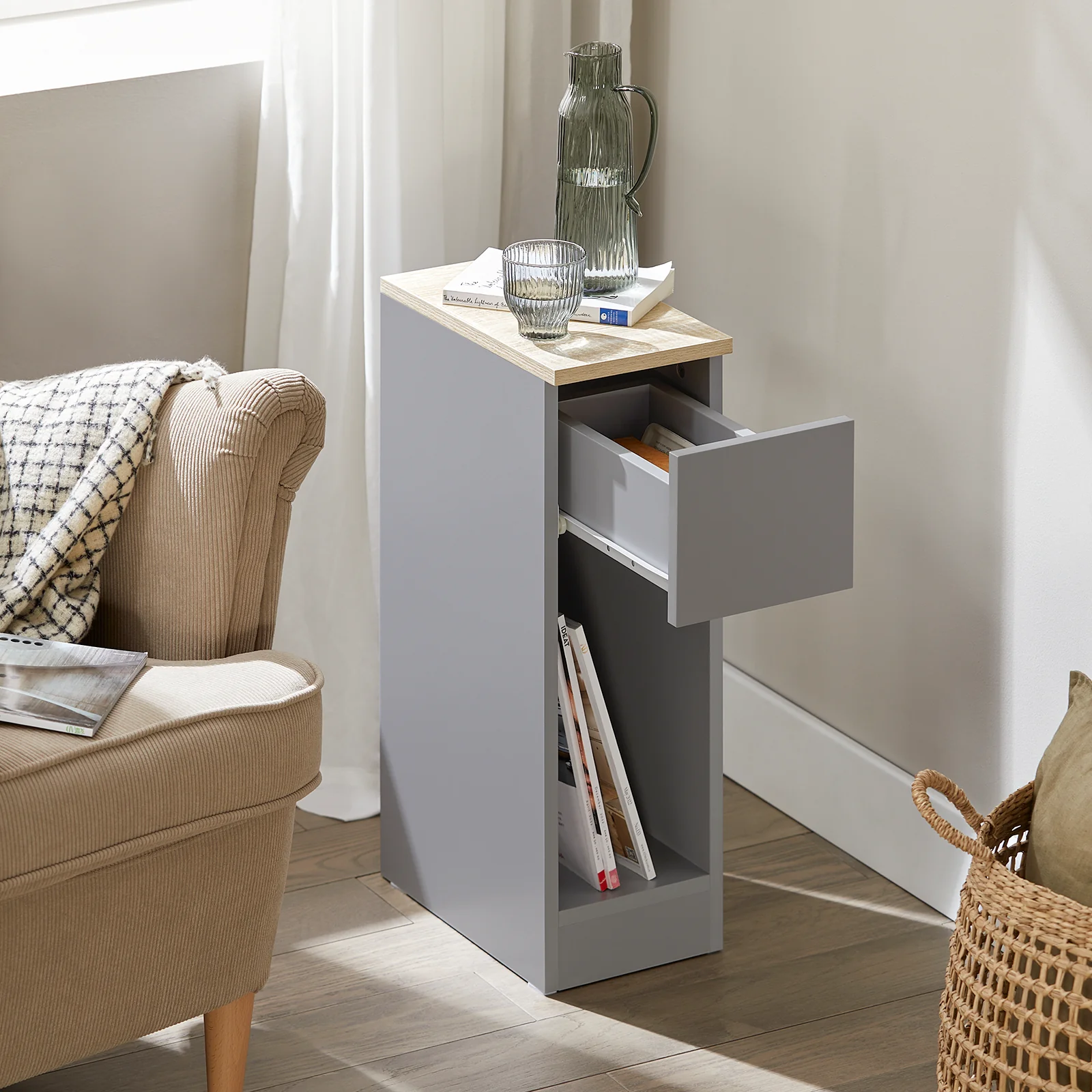 SoBuy FBT111-HGx2 Smalle Nachtkastje Set van 2 - Elegante Bijzettafel met Lade en Plank - Nachtkastje voor Slaapkamer of Woonkamer - Grijs L 20 x B 35 x H 60 cm - Image 3