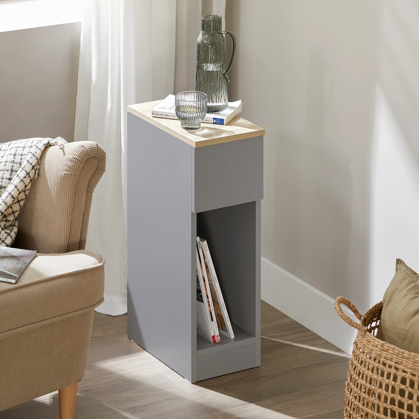 SoBuy FBT111-HGx2 Smalle Nachtkastje Set van 2 - Elegante Bijzettafel met Lade en Plank - Nachtkastje voor Slaapkamer of Woonkamer - Grijs L 20 x B 35 x H 60 cm - Image 4