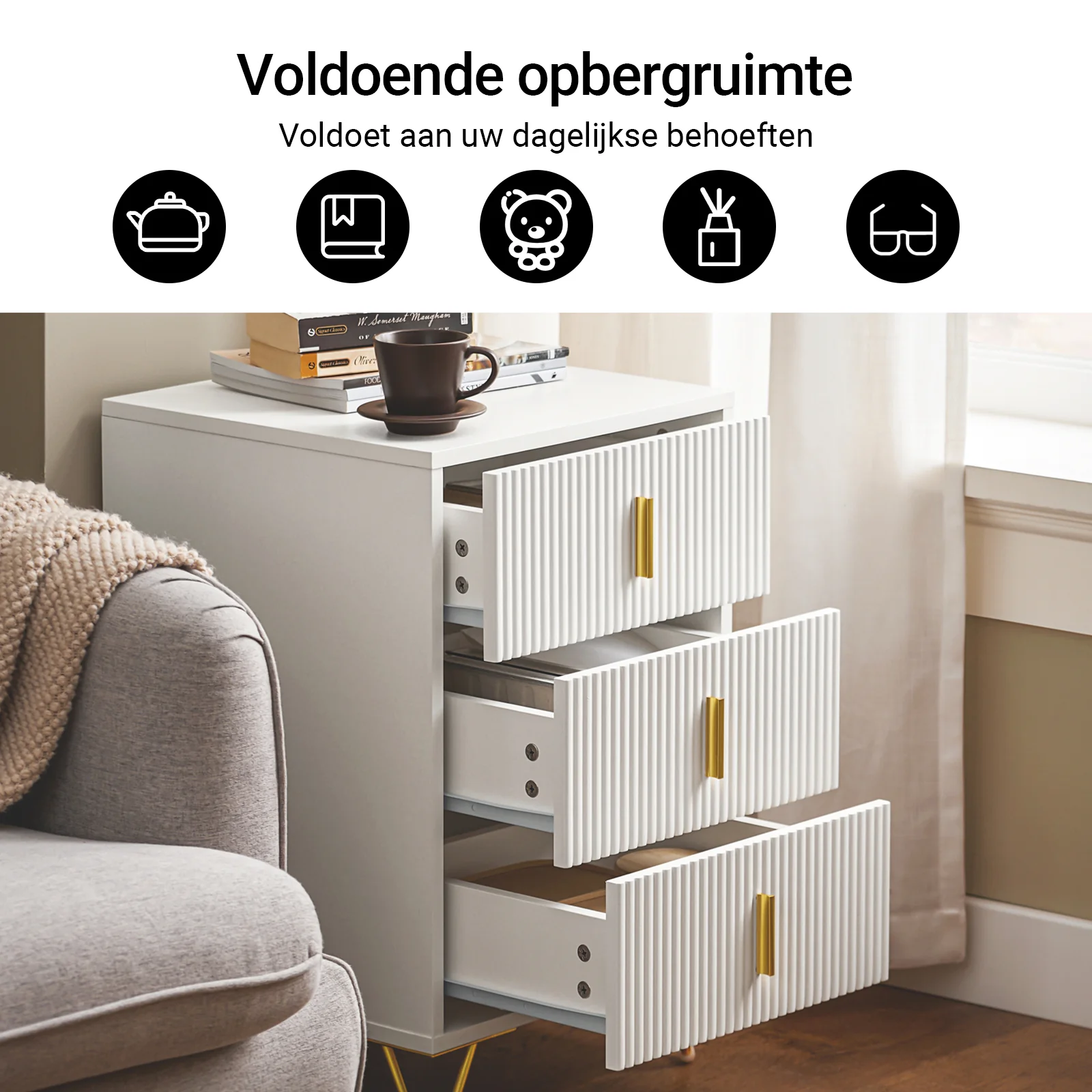 SoBuy FBT115-L-W Nachtkastje met 3 Schuifladen - Bijzettafel - Sofa Bijzettafel - Salontafel - Slaapkamertafel - Bedtafel - Image 3