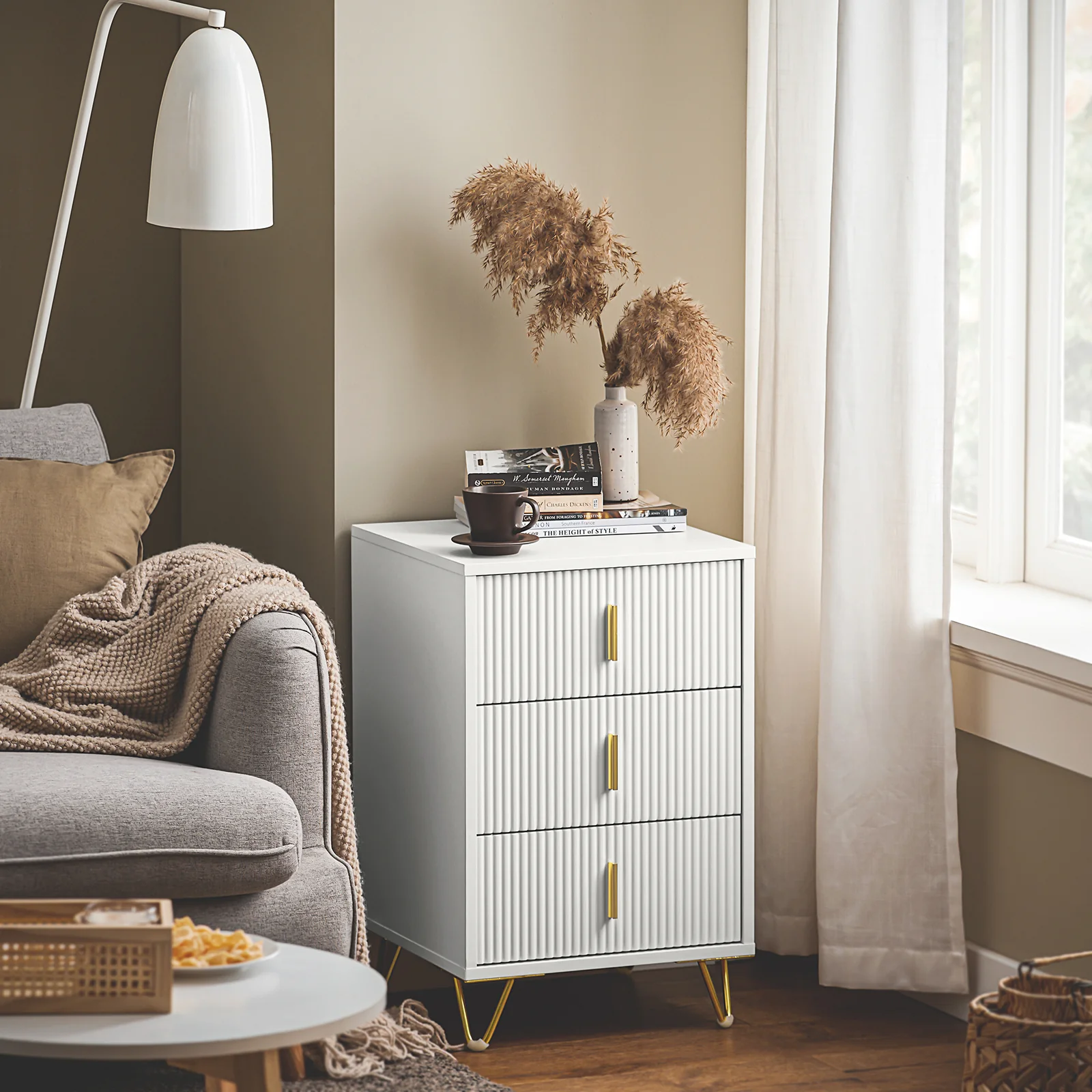 SoBuy FBT115-L-W Nachtkastje met 3 Schuifladen - Bijzettafel - Sofa Bijzettafel - Salontafel - Slaapkamertafel - Bedtafel - Image 4