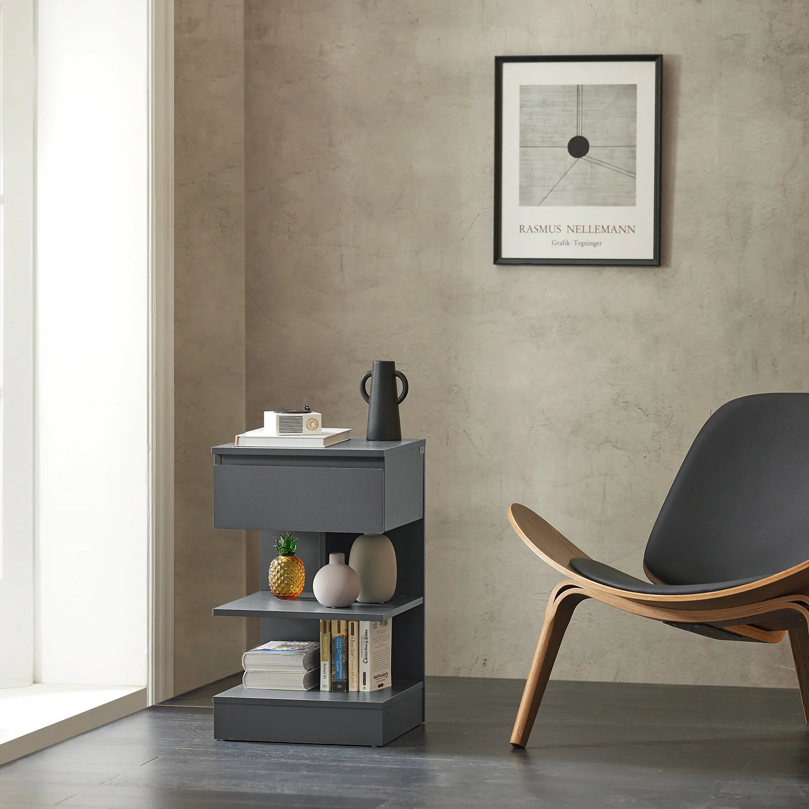 SoBuy FBT49-HG Nachtkastje met Lade en 2 Open Vakken – Moderne Bijzettafel voor Slaapkamer of Woonkamer, 39x39x65 cm, Grijs - Image 4