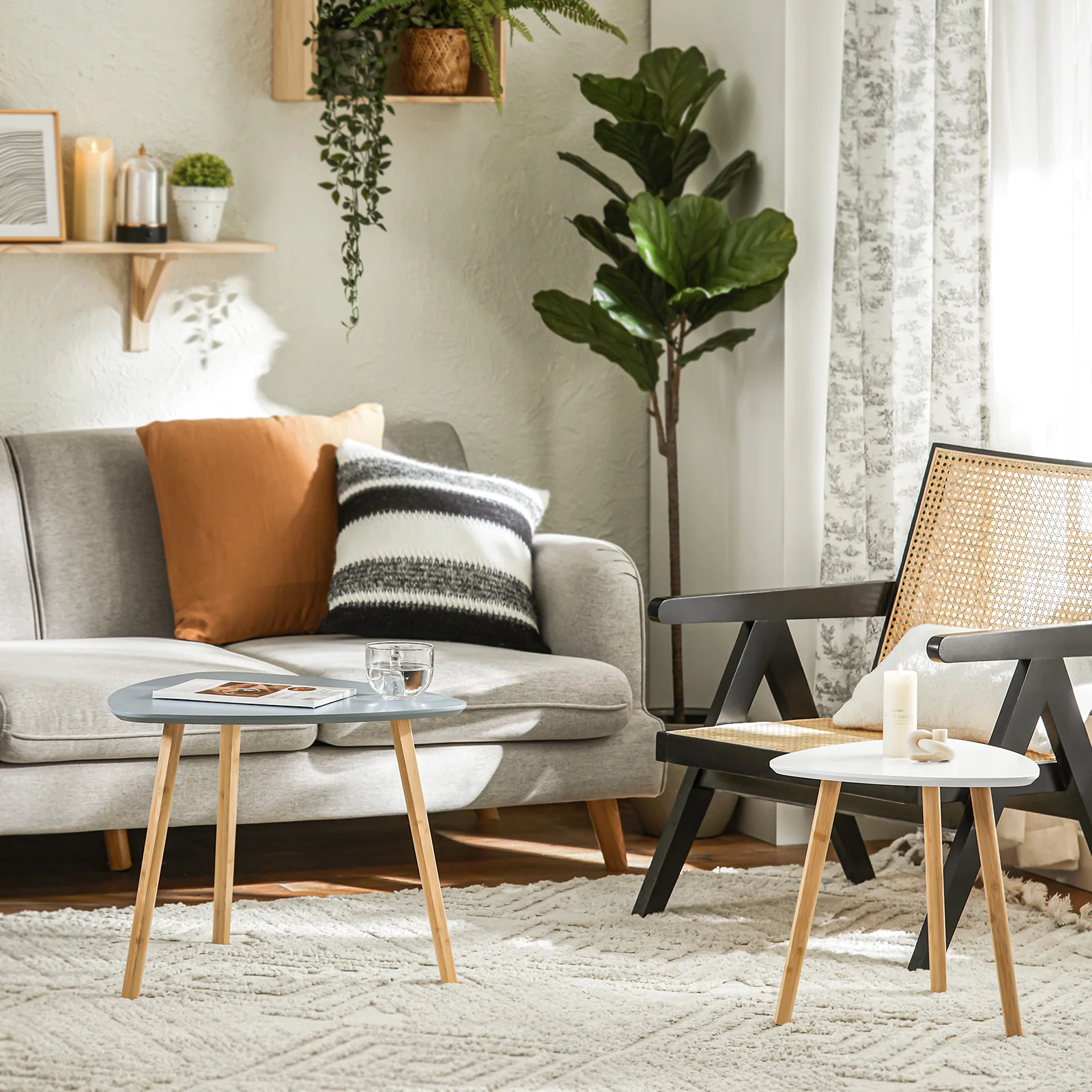 SoBuy FBT74-HG Bijzettafel, set van 2 bijzettafels met planken, salontafel,zettafel voor woonkamer, bamboe - Image 4